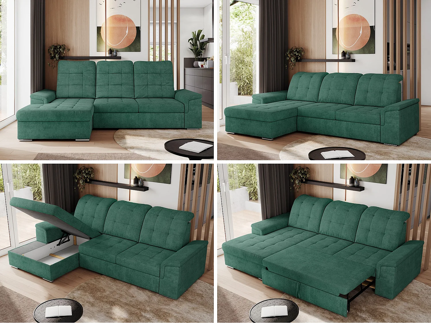 Ecksofa MADRITO - mit verstellbarer Rückenlehne, Armlehnen, gestepptem Sitz und Rückenlehne, Schlaffunktion - Grün Struktur - Ecke Links