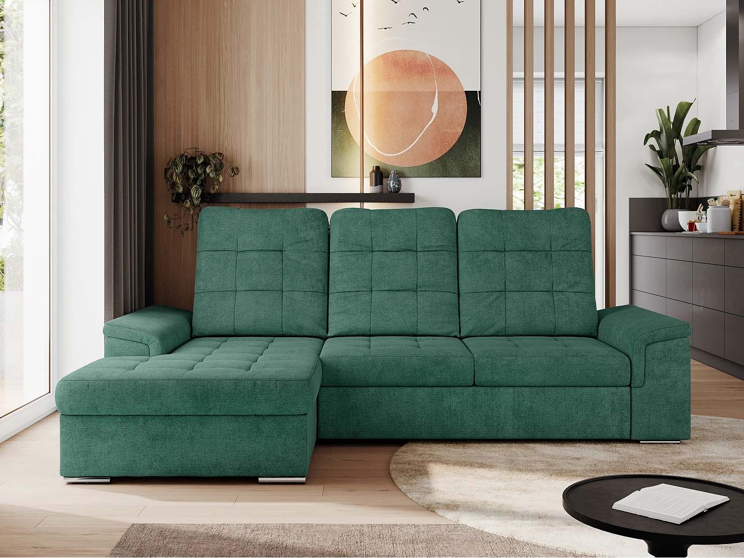 Ecksofa MADRITO - mit verstellbarer Rückenlehne, Armlehnen, gestepptem Sitz und Rückenlehne, Schlaffunktion - Grün Struktur - Ecke Links