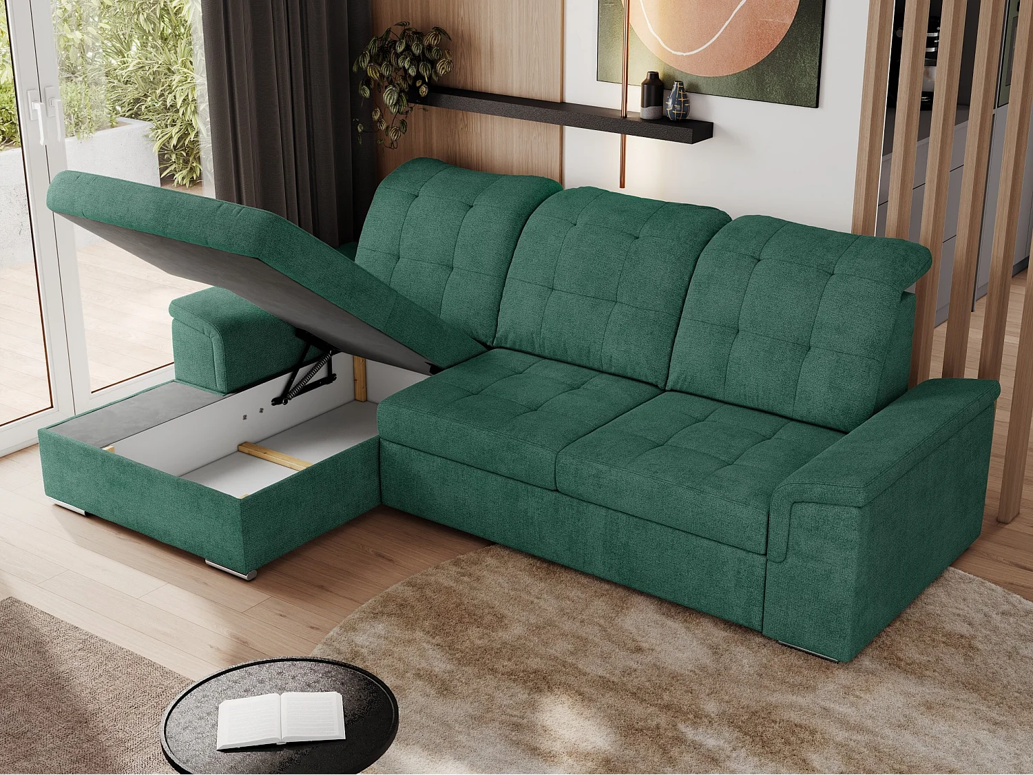 Ecksofa MADRITO - mit verstellbarer Rückenlehne, Armlehnen, gestepptem Sitz und Rückenlehne, Schlaffunktion - Grün Struktur - Ecke Links