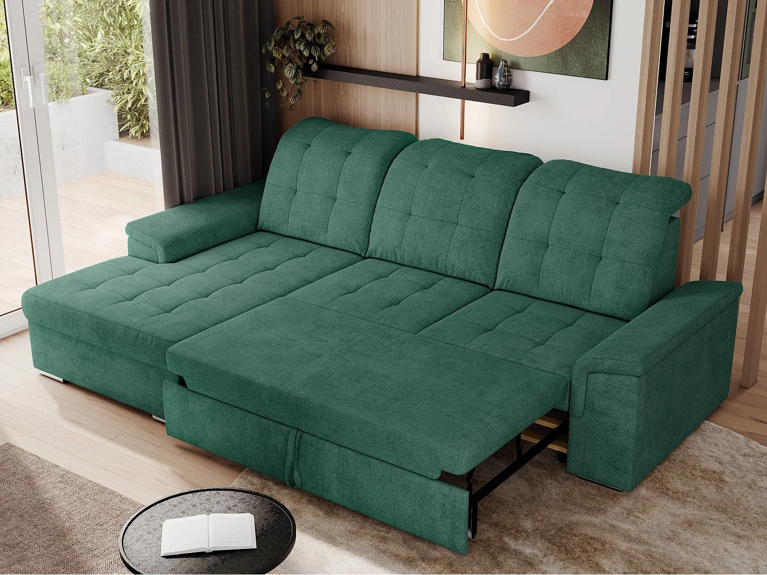 Ecksofa MADRITO - mit verstellbarer Rückenlehne, Armlehnen, gestepptem Sitz und Rückenlehne, Schlaffunktion - Grün Struktur - Ecke Links