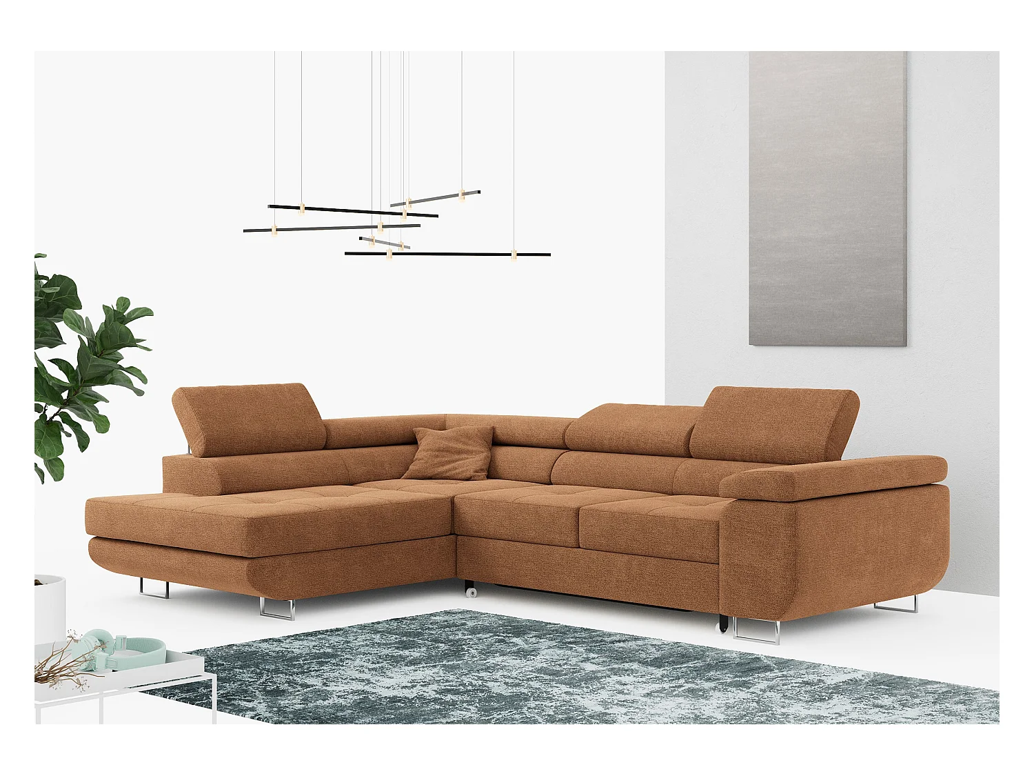 Ecksofa GUSTAW - mit Schlaffunktion, verstellbare Kopfstützen, Metallbeine - Orange Stukture - Ecke Links