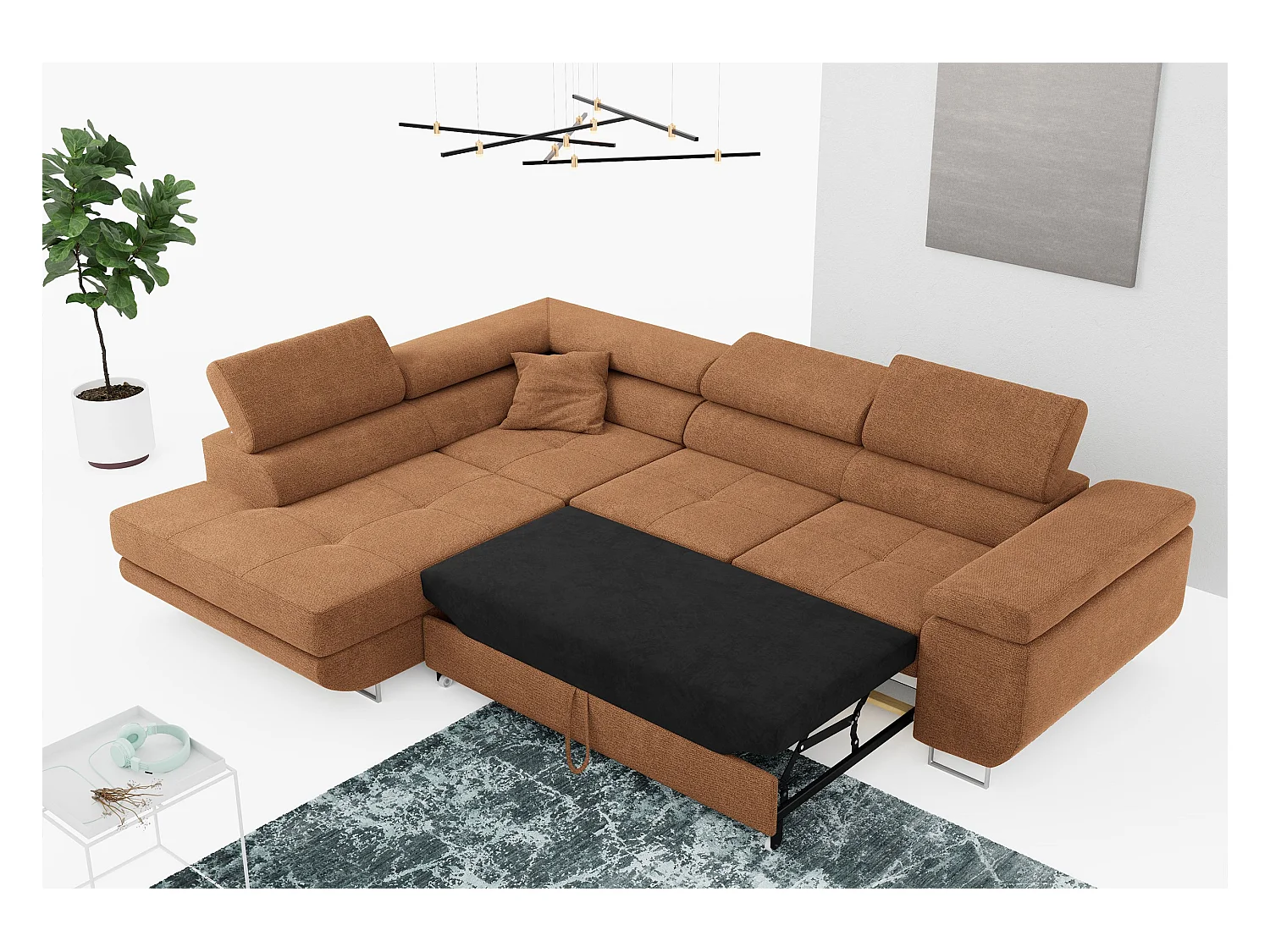Ecksofa GUSTAW - mit Schlaffunktion, verstellbare Kopfstützen, Metallbeine - Orange Stukture - Ecke Links