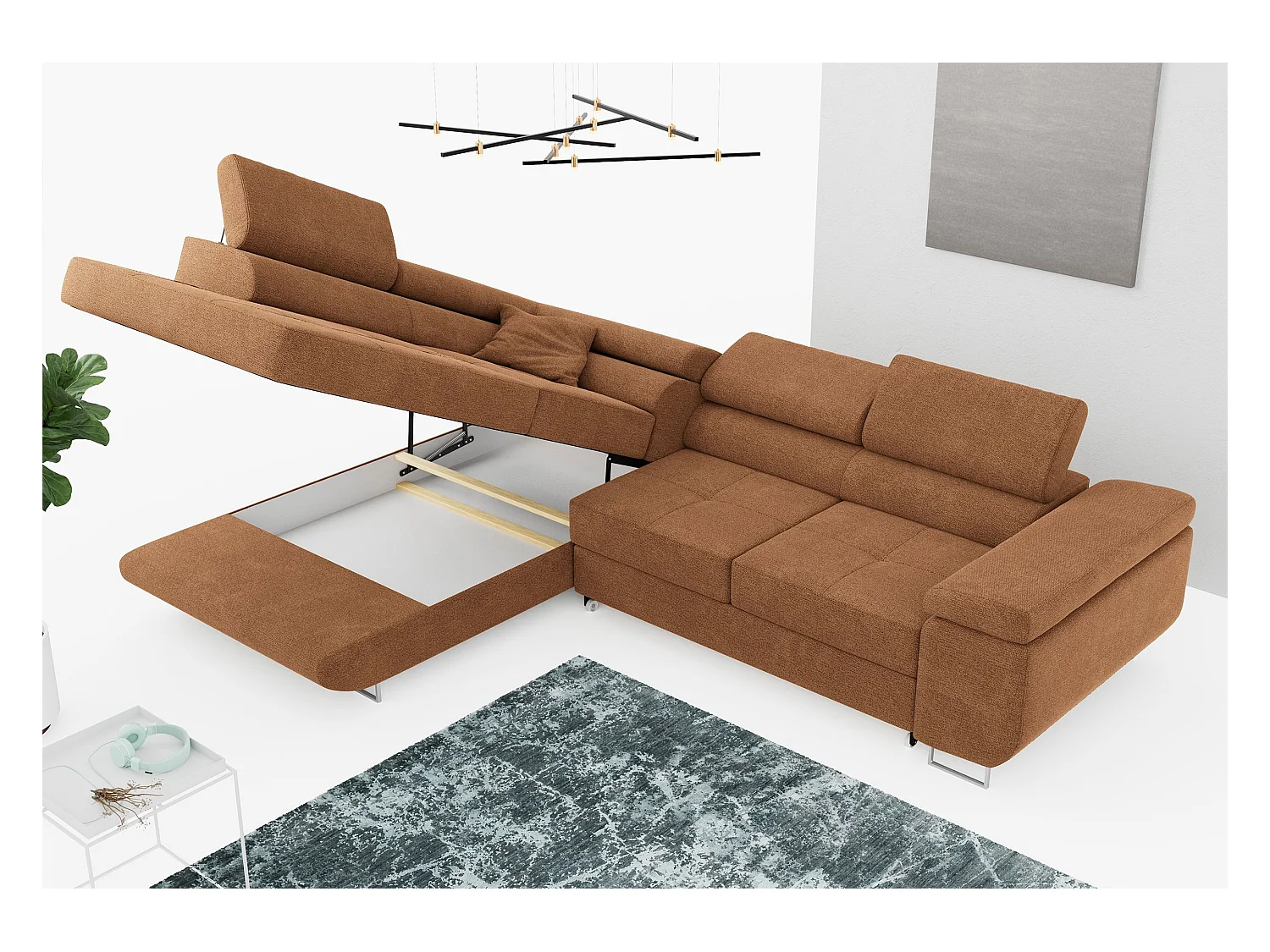 Ecksofa GUSTAW - mit Schlaffunktion, verstellbare Kopfstützen, Metallbeine - Orange Stukture - Ecke Links