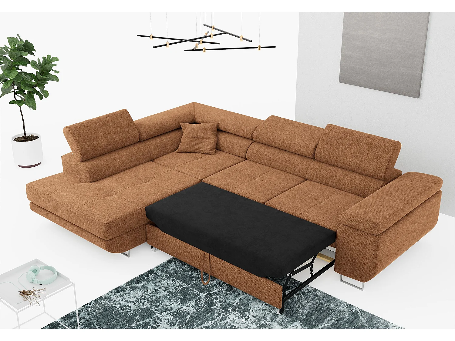 Ecksofa GUSTAW - mit Schlaffunktion, verstellbare Kopfstützen, Metallbeine - Orange Stukture - Ecke Links