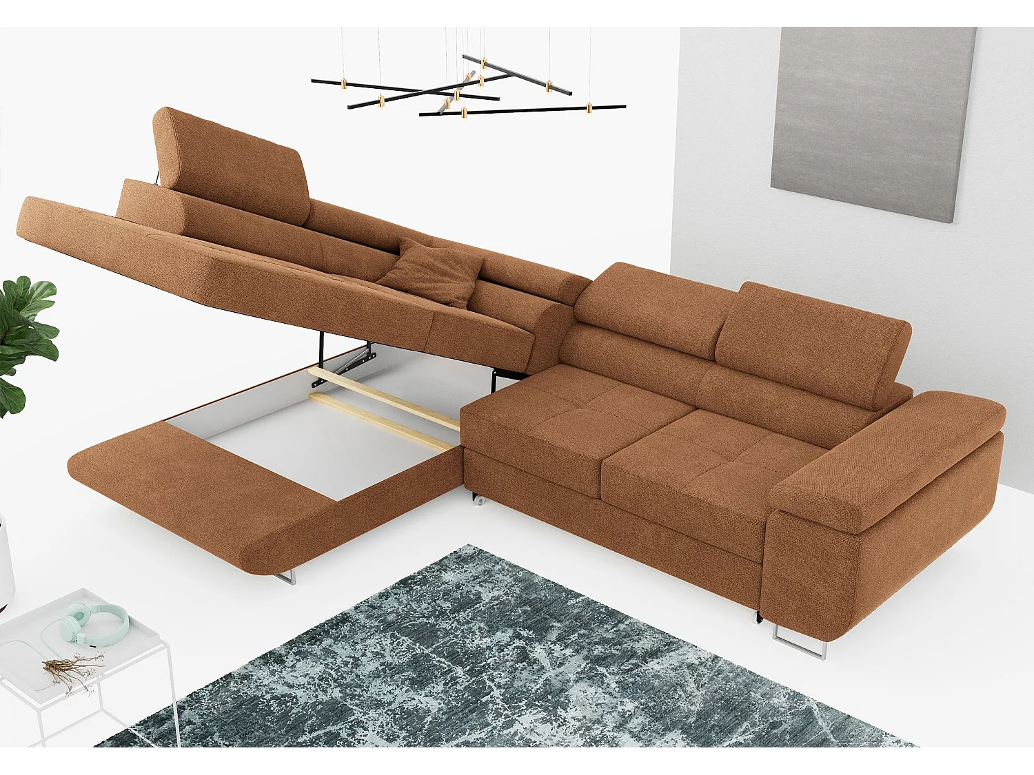 Ecksofa GUSTAW - mit Schlaffunktion, verstellbare Kopfstützen, Metallbeine - Orange Stukture - Ecke Links