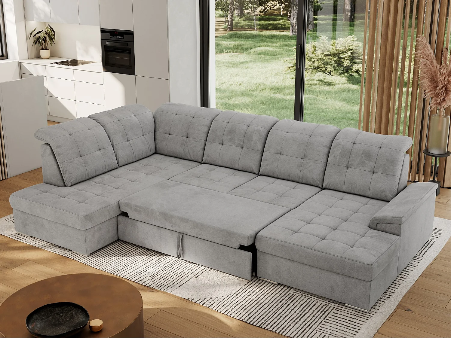 Ecksofa MADRITO U - mit verstellbarer Rückenlehne, Armlehne, L-förmige Ecke, Bettkasten - Hellgrau Velvet - Ecke Links