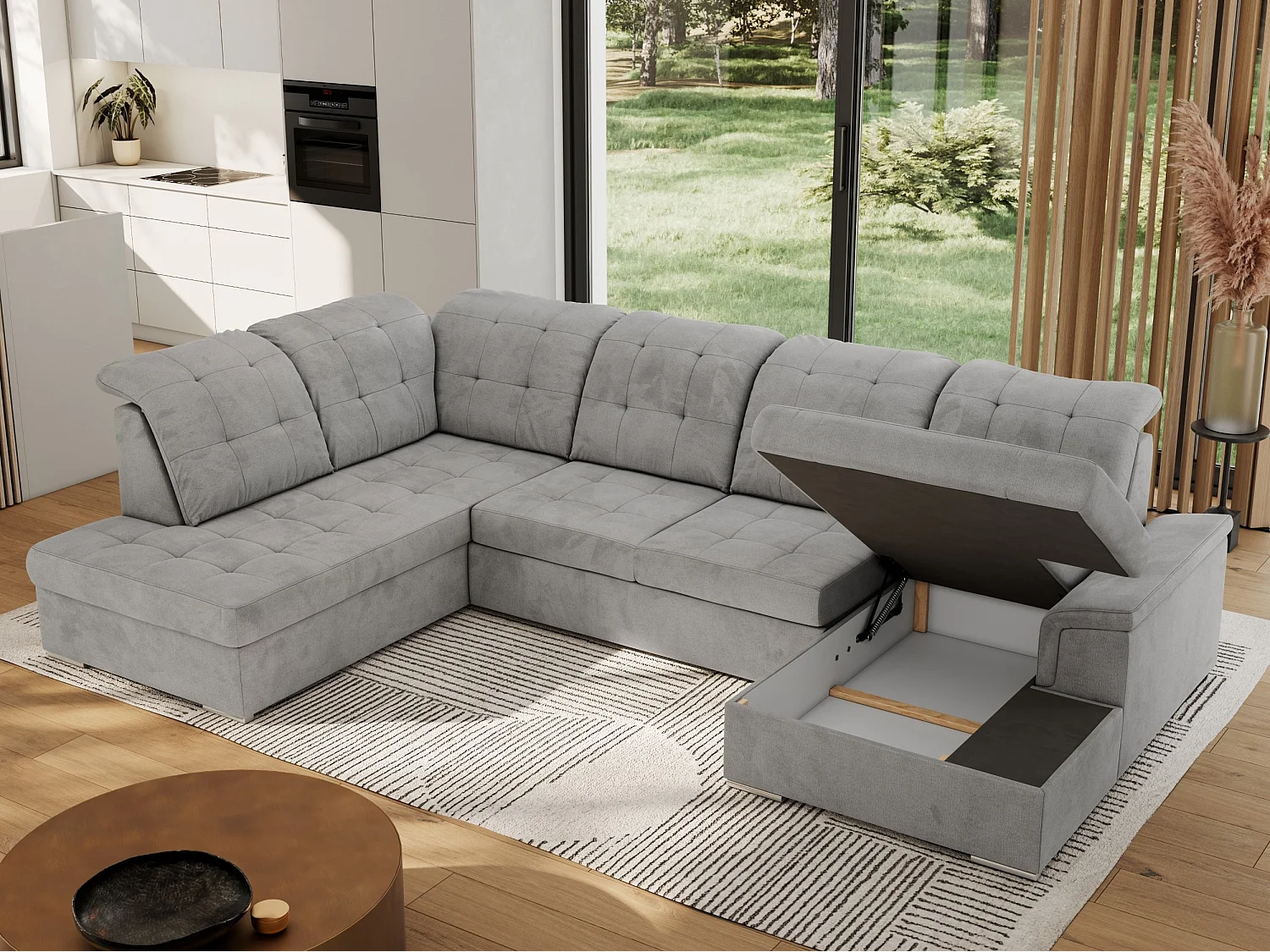 Ecksofa MADRITO U - mit verstellbarer Rückenlehne, Armlehne, L-förmige Ecke, Bettkasten - Hellgrau Velvet - Ecke Links