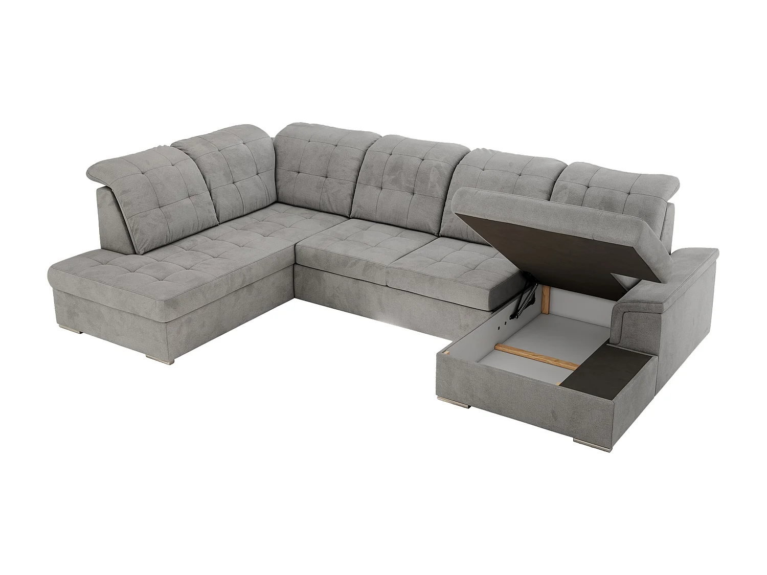 Ecksofa MADRITO U - mit verstellbarer Rückenlehne, Armlehne, L-förmige Ecke, Bettkasten - Hellgrau Velvet - Ecke Links