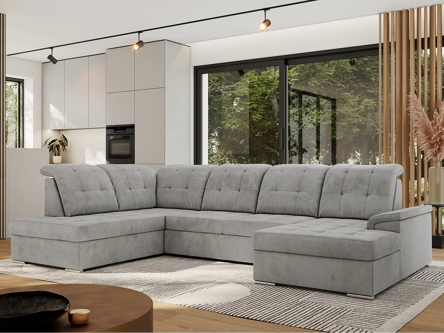 Ecksofa MADRITO U - mit verstellbarer Rückenlehne, Armlehne, L-förmige Ecke, Bettkasten - Hellgrau Velvet - Ecke Links