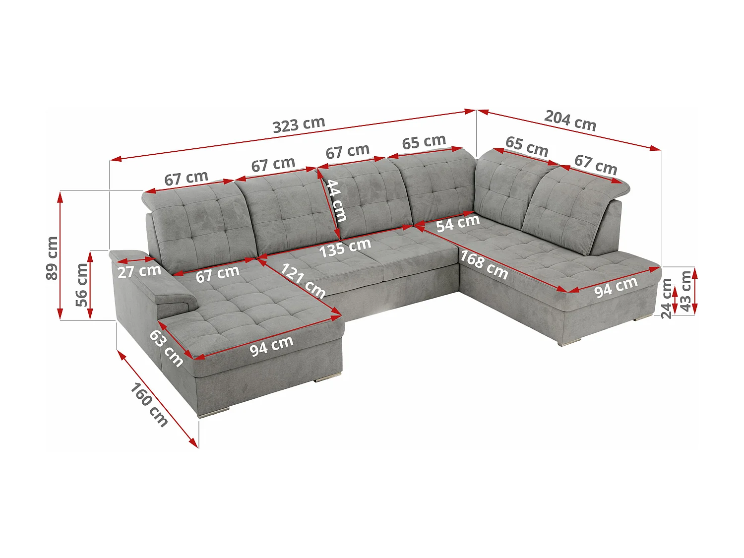 Ecksofa MADRITO U - mit verstellbarer Rückenlehne, Armlehne, L-förmige Ecke, Bettkasten - Hellgrau Velvet - Ecke Links