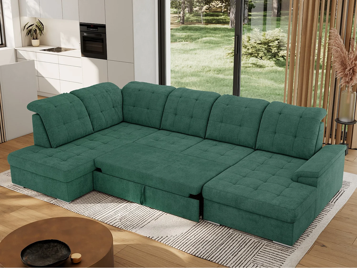Ecksofa MADRITO U - mit verstellbarer Rückenlehne, Armlehne, L-förmige Ecke, Bettkasten - Grün Struktur - Ecke Links