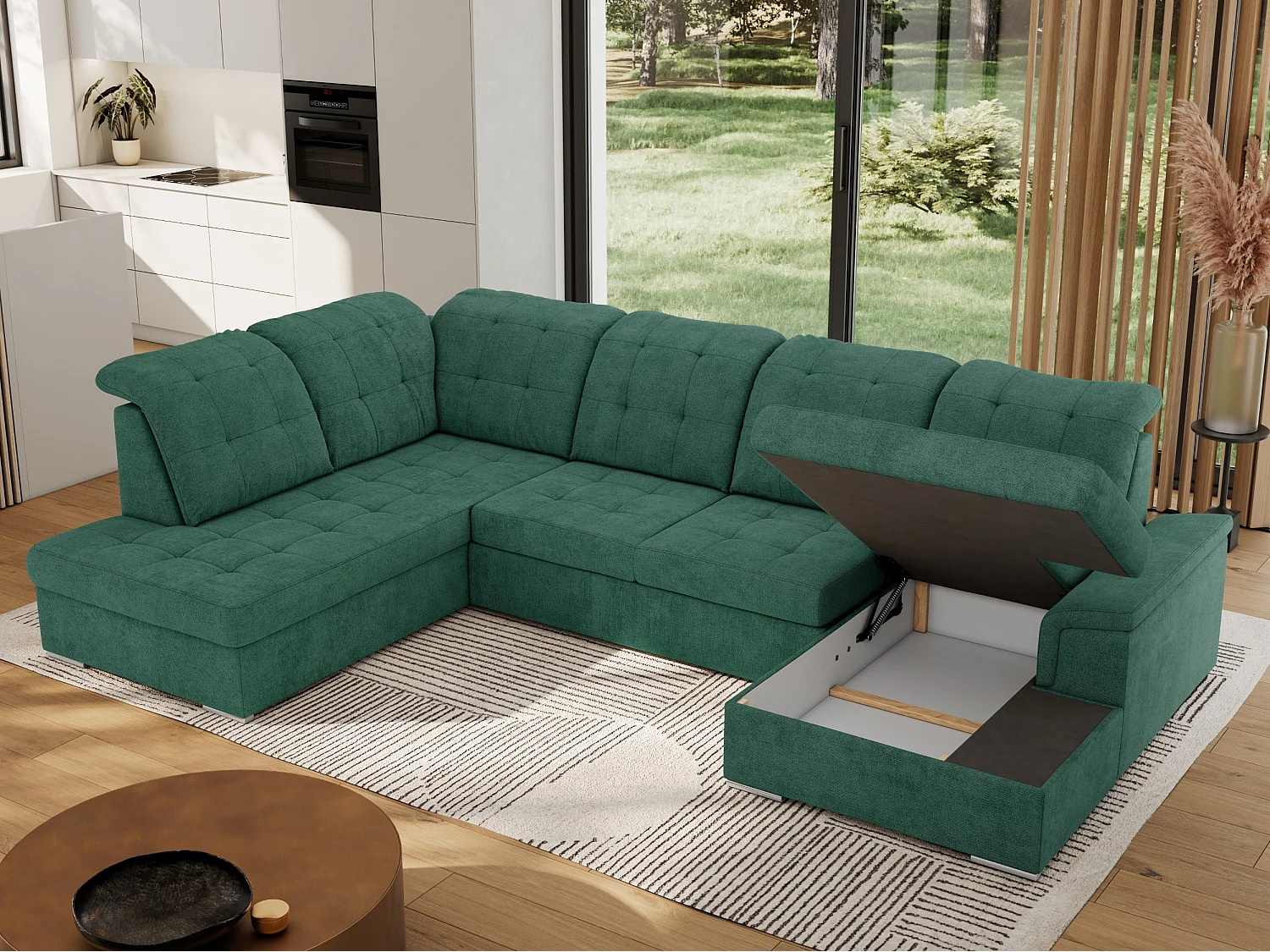 Ecksofa MADRITO U - mit verstellbarer Rückenlehne, Armlehne, L-förmige Ecke, Bettkasten - Grün Struktur - Ecke Links