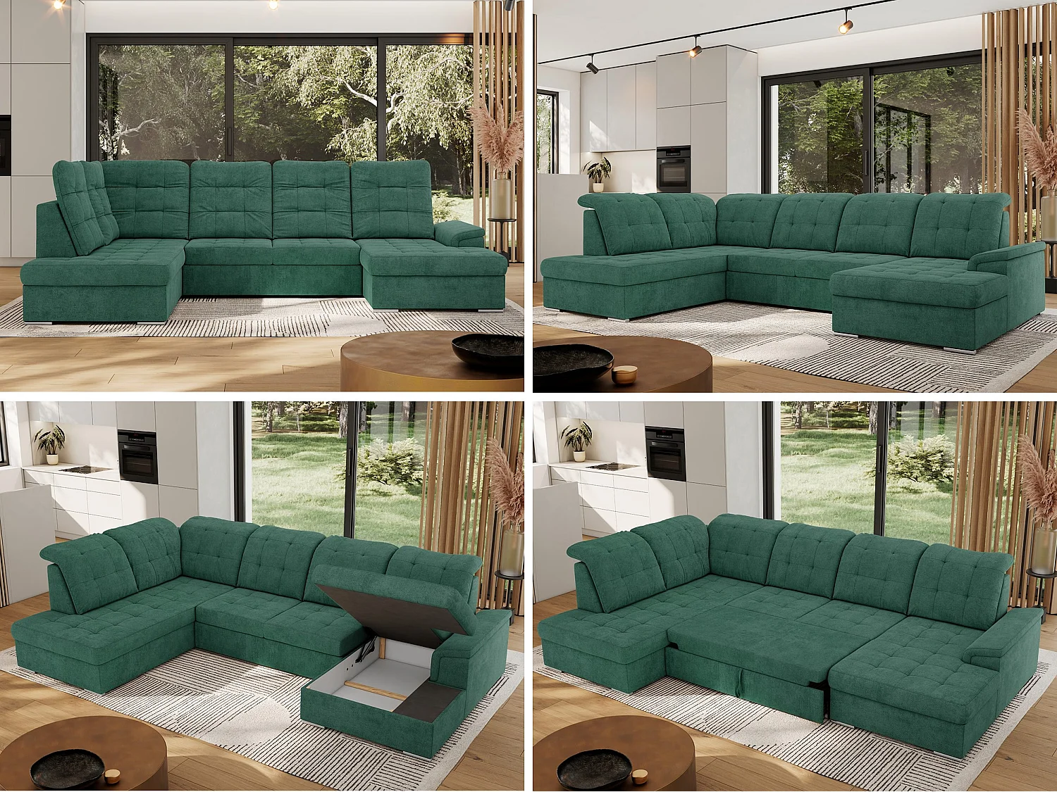 Ecksofa MADRITO U - mit verstellbarer Rückenlehne, Armlehne, L-förmige Ecke, Bettkasten - Grün Struktur - Ecke Links