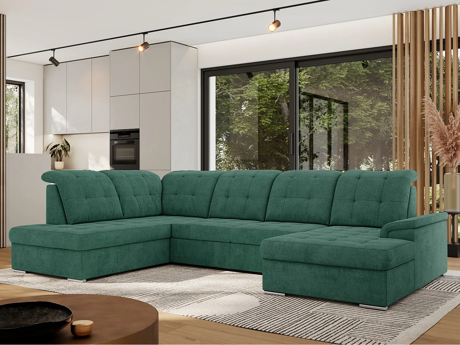 Ecksofa MADRITO U - mit verstellbarer Rückenlehne, Armlehne, L-förmige Ecke, Bettkasten - Grün Struktur - Ecke Links