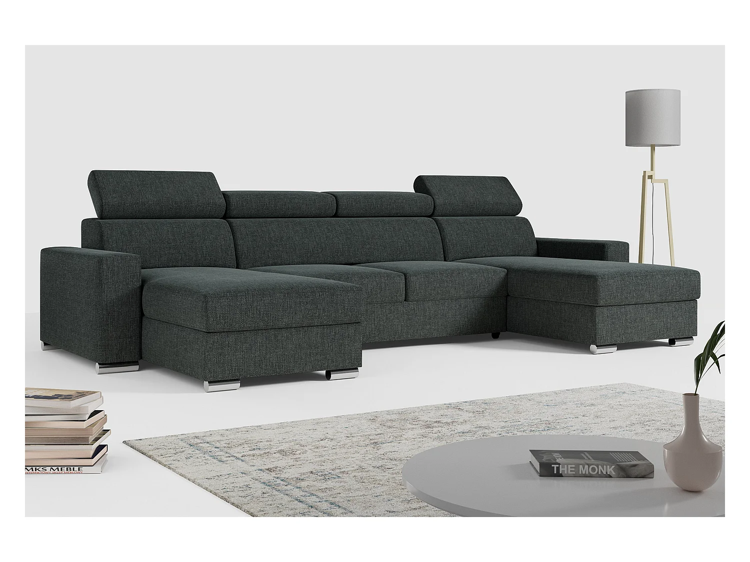 Ecksofa FOX U - verstellbare Kopfstützen, zwei Bettkästen, L-förmige Ecke mit Schlaffunktion, Armlehnen - Dunkelgrau, Stukture