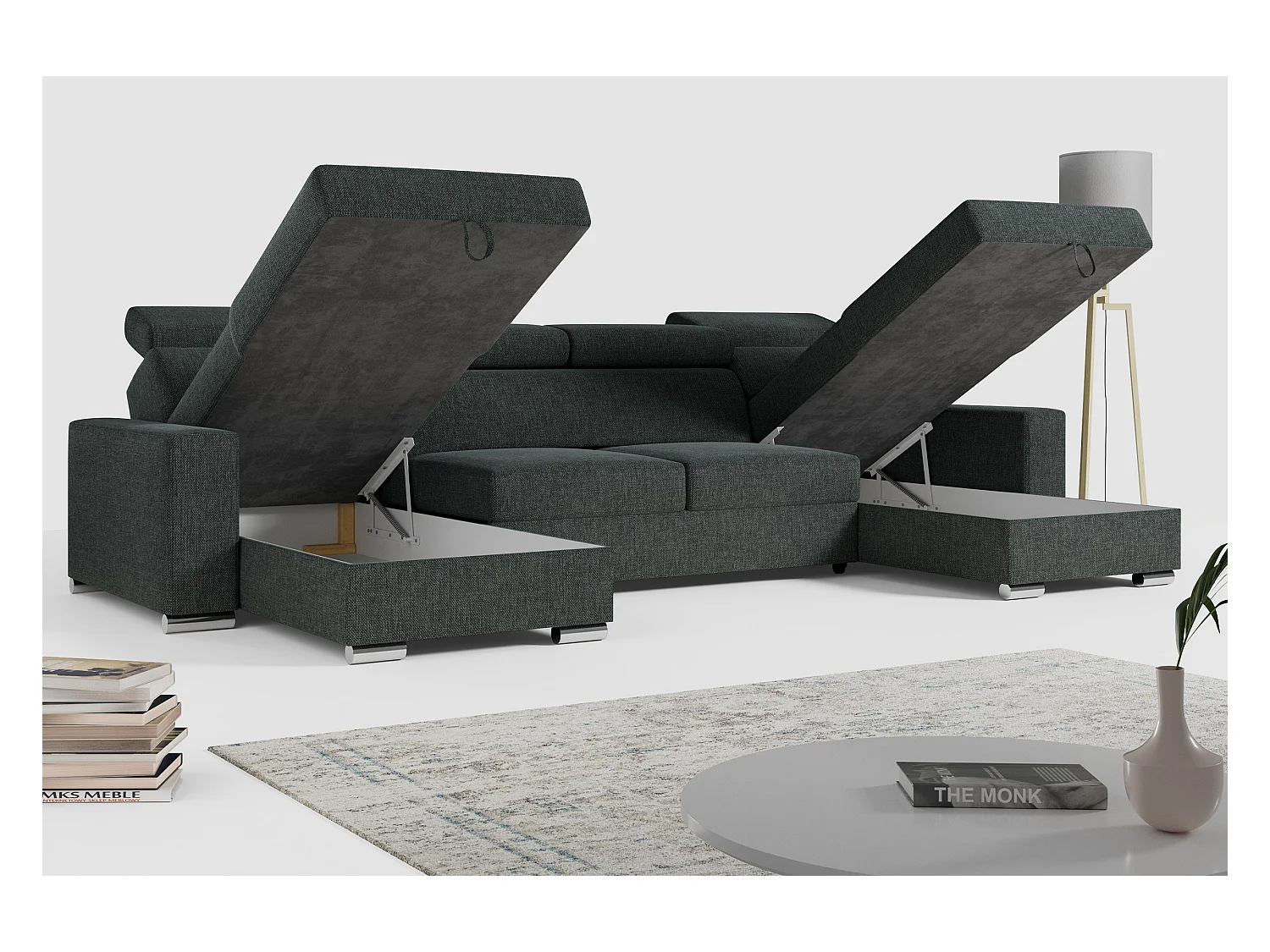 Ecksofa FOX U - verstellbare Kopfstützen, zwei Bettkästen, L-förmige Ecke mit Schlaffunktion, Armlehnen - Dunkelgrau, Stukture