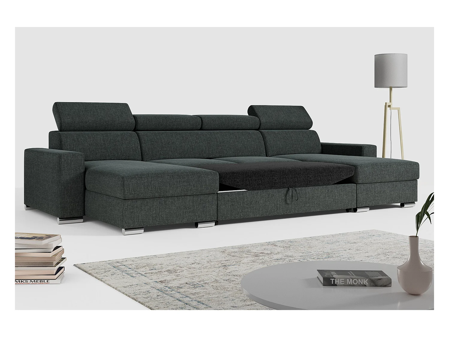 Ecksofa FOX U - verstellbare Kopfstützen, zwei Bettkästen, L-förmige Ecke mit Schlaffunktion, Armlehnen - Dunkelgrau, Stukture