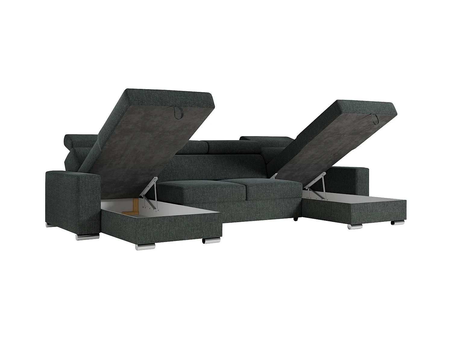 Ecksofa FOX U - verstellbare Kopfstützen, zwei Bettkästen, L-förmige Ecke mit Schlaffunktion, Armlehnen - Dunkelgrau, Stukture