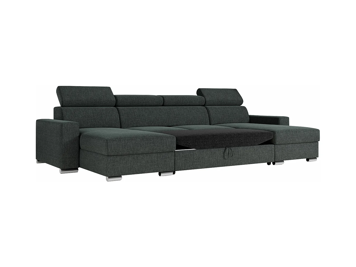 Ecksofa FOX U - verstellbare Kopfstützen, zwei Bettkästen, L-förmige Ecke mit Schlaffunktion, Armlehnen - Dunkelgrau, Stukture