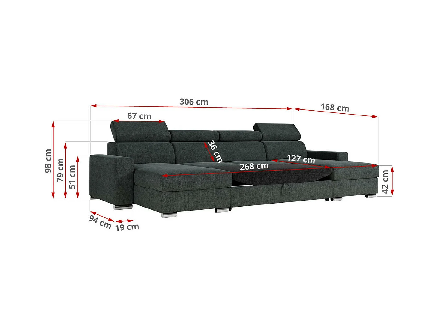 Ecksofa FOX U - verstellbare Kopfstützen, zwei Bettkästen, L-förmige Ecke mit Schlaffunktion, Armlehnen - Dunkelgrau, Stukture