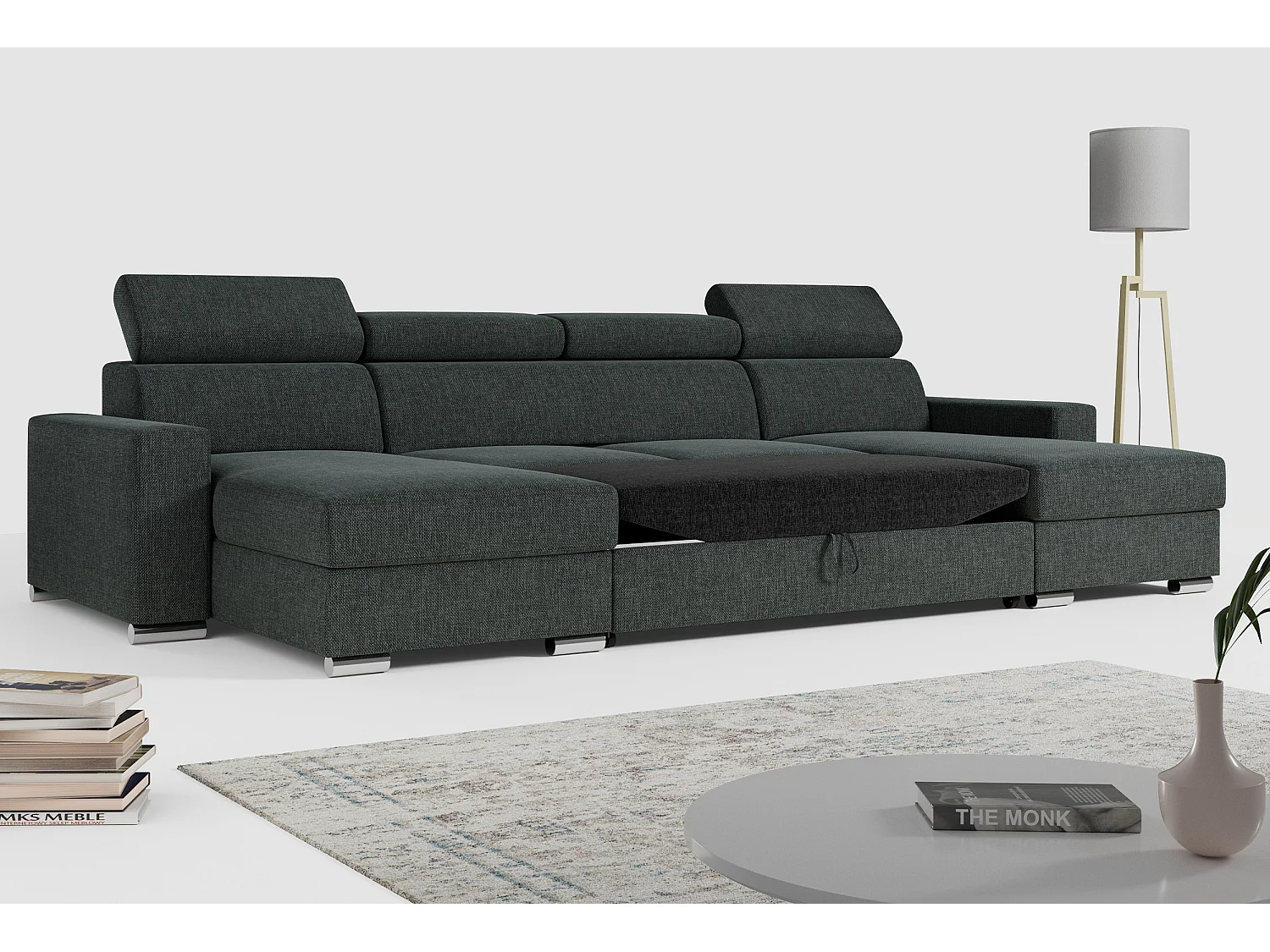 Ecksofa FOX U - verstellbare Kopfstützen, zwei Bettkästen, L-förmige Ecke mit Schlaffunktion, Armlehnen - Dunkelgrau, Stukture