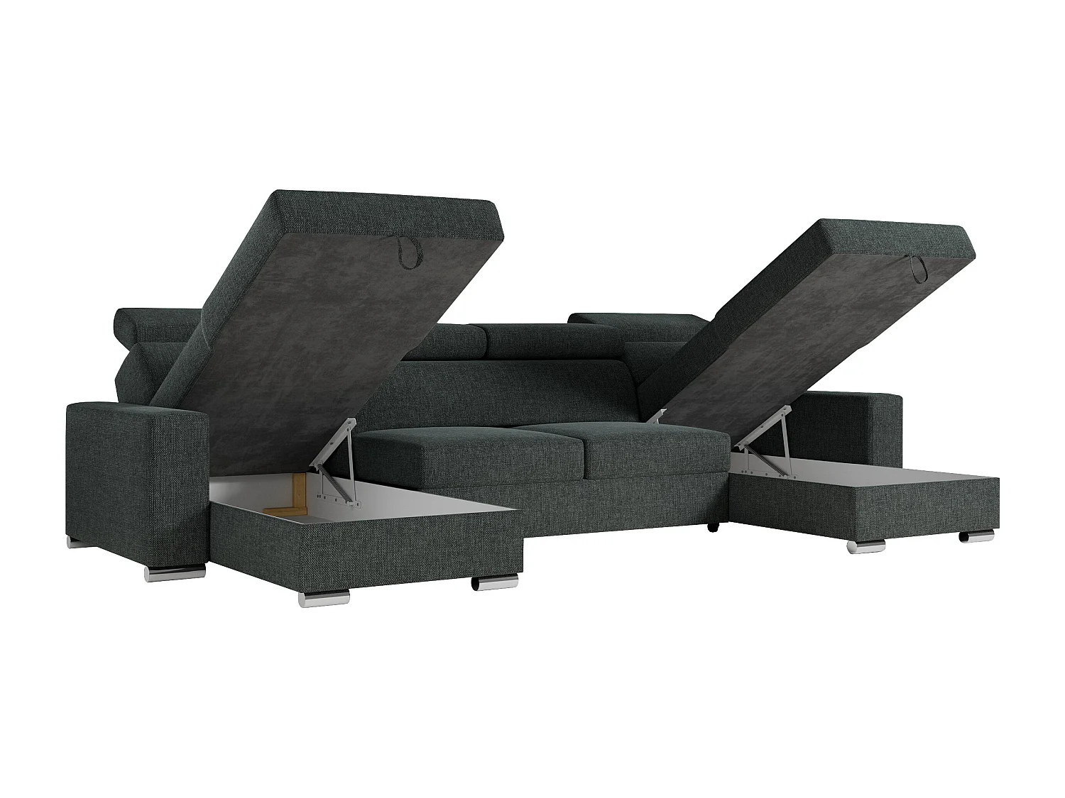 Ecksofa FOX U - verstellbare Kopfstützen, zwei Bettkästen, L-förmige Ecke mit Schlaffunktion, Armlehnen - Dunkelgrau, Stukture