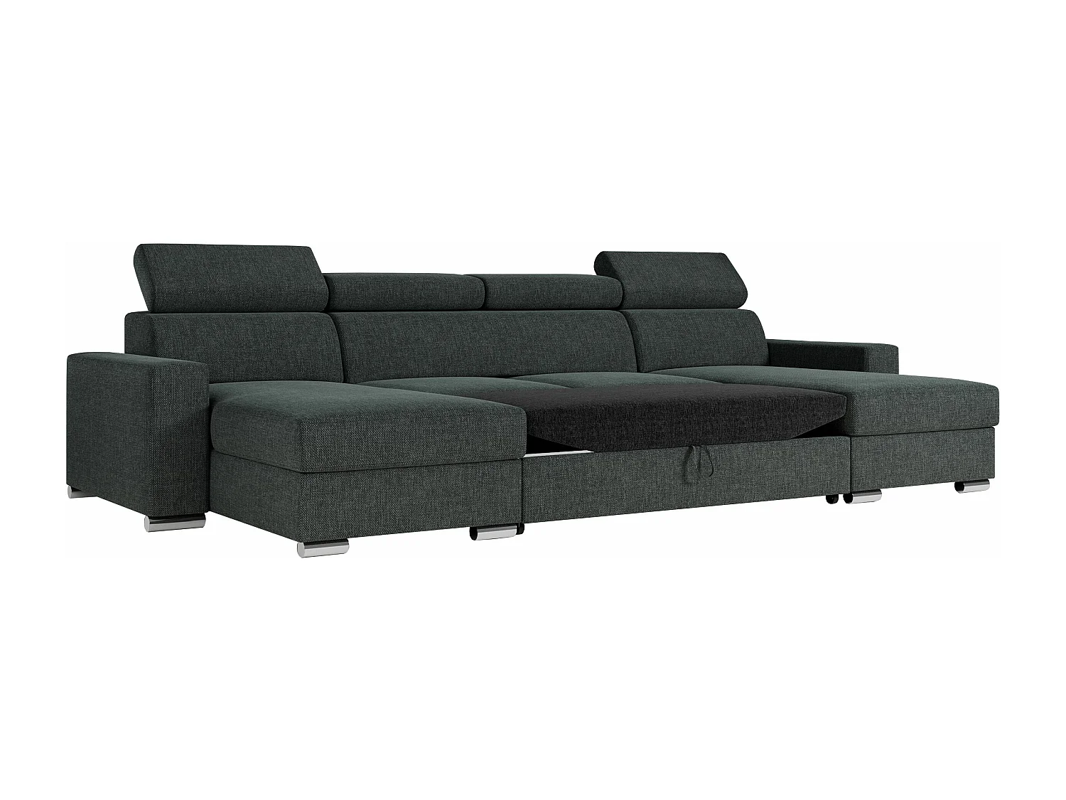 Ecksofa FOX U - verstellbare Kopfstützen, zwei Bettkästen, L-förmige Ecke mit Schlaffunktion, Armlehnen - Dunkelgrau, Stukture