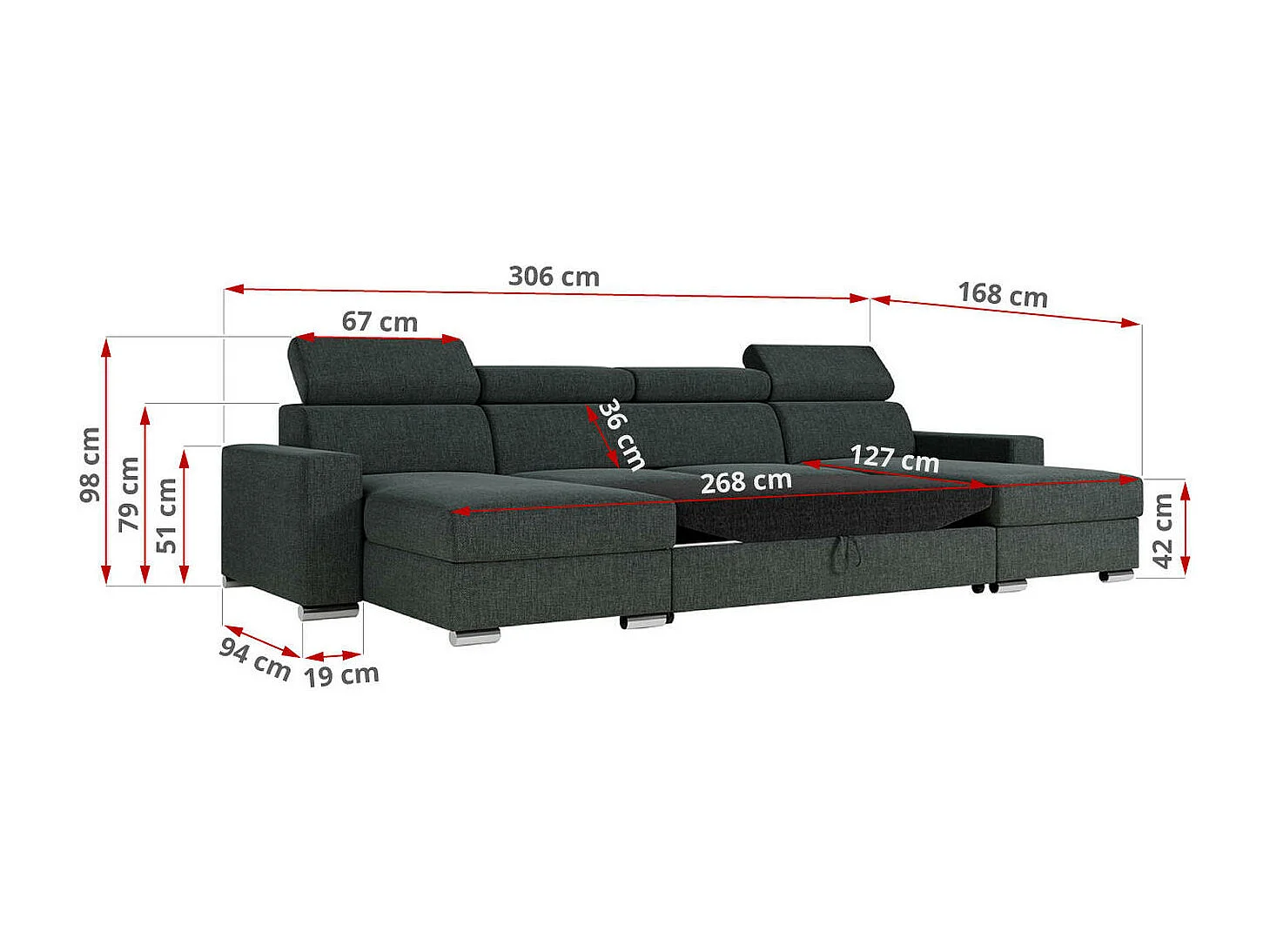 Ecksofa FOX U - verstellbare Kopfstützen, zwei Bettkästen, L-förmige Ecke mit Schlaffunktion, Armlehnen - Dunkelgrau, Stukture