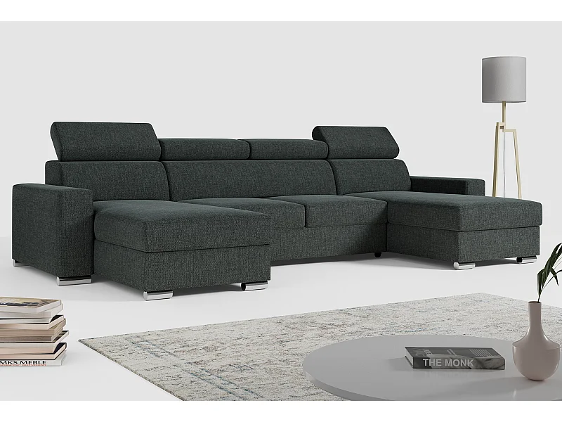 Ecksofa FOX U - verstellbare Kopfstützen, zwei Bettkästen, L-förmige Ecke mit Schlaffunktion, Armlehnen - Dunkelgrau, Stukture