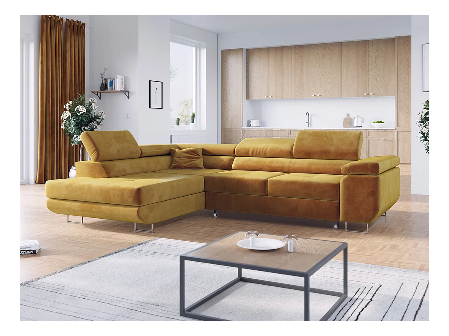 Ecksofa GUSTAW - mit Schlaffunktion, verstellbare Kopfstützen, Metallbeine - Gelb Velvet - Ecke Links