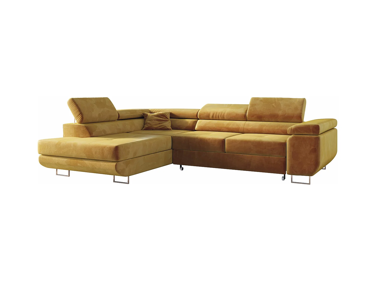 Ecksofa GUSTAW - mit Schlaffunktion, verstellbare Kopfstützen, Metallbeine - Gelb Velvet - Ecke Links