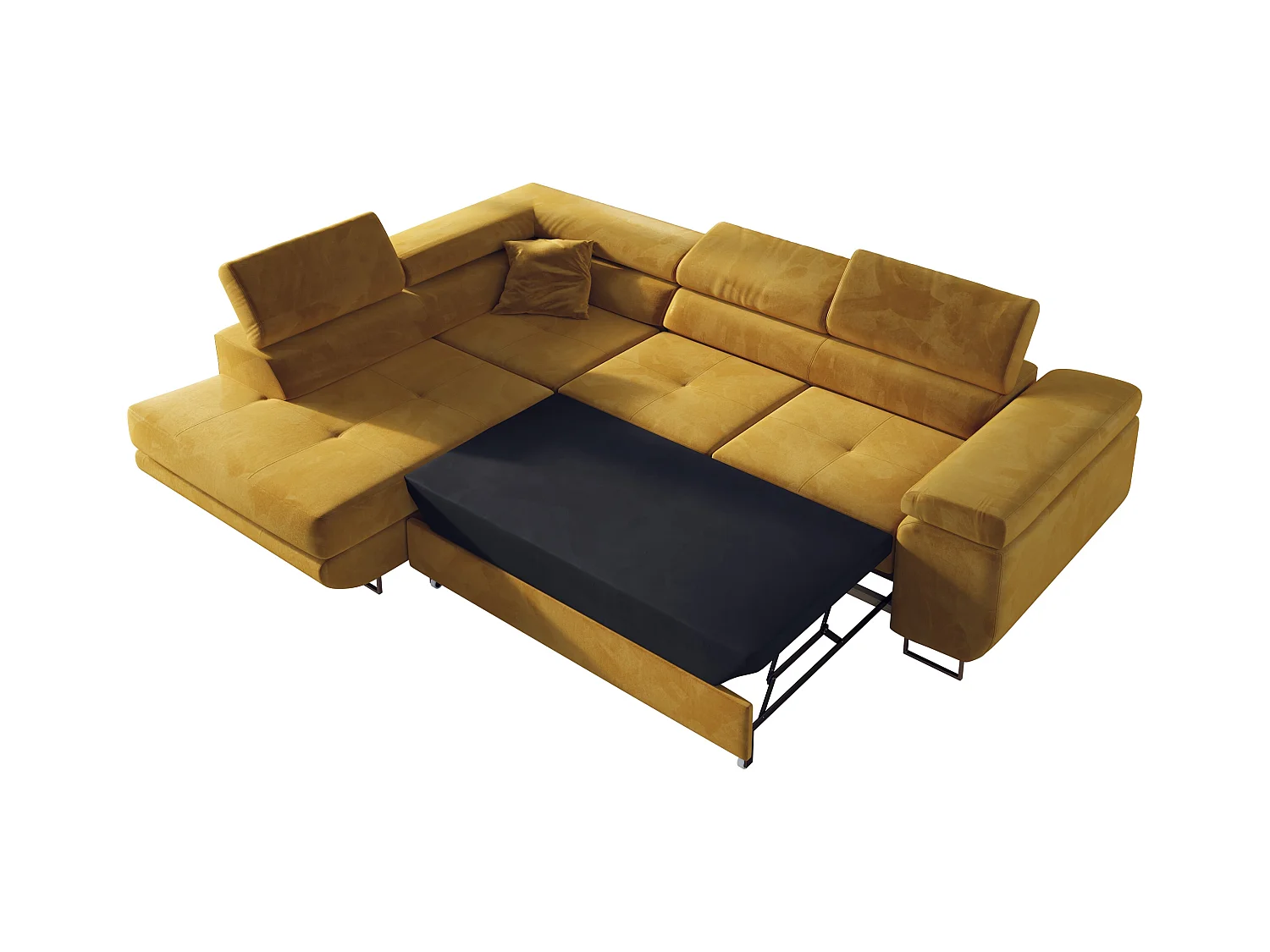 Ecksofa GUSTAW - mit Schlaffunktion, verstellbare Kopfstützen, Metallbeine - Gelb Velvet - Ecke Links