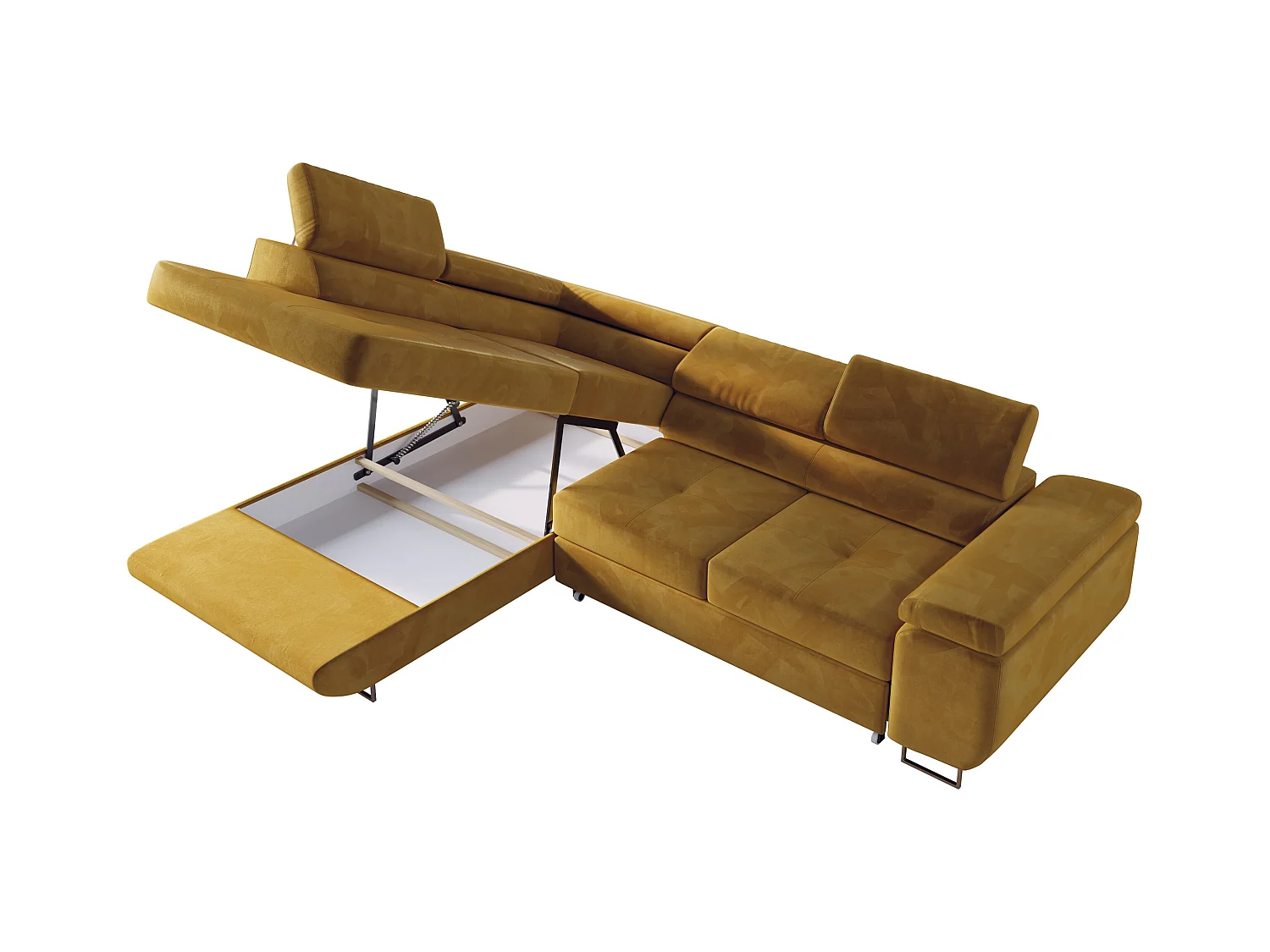 Ecksofa GUSTAW - mit Schlaffunktion, verstellbare Kopfstützen, Metallbeine - Gelb Velvet - Ecke Links