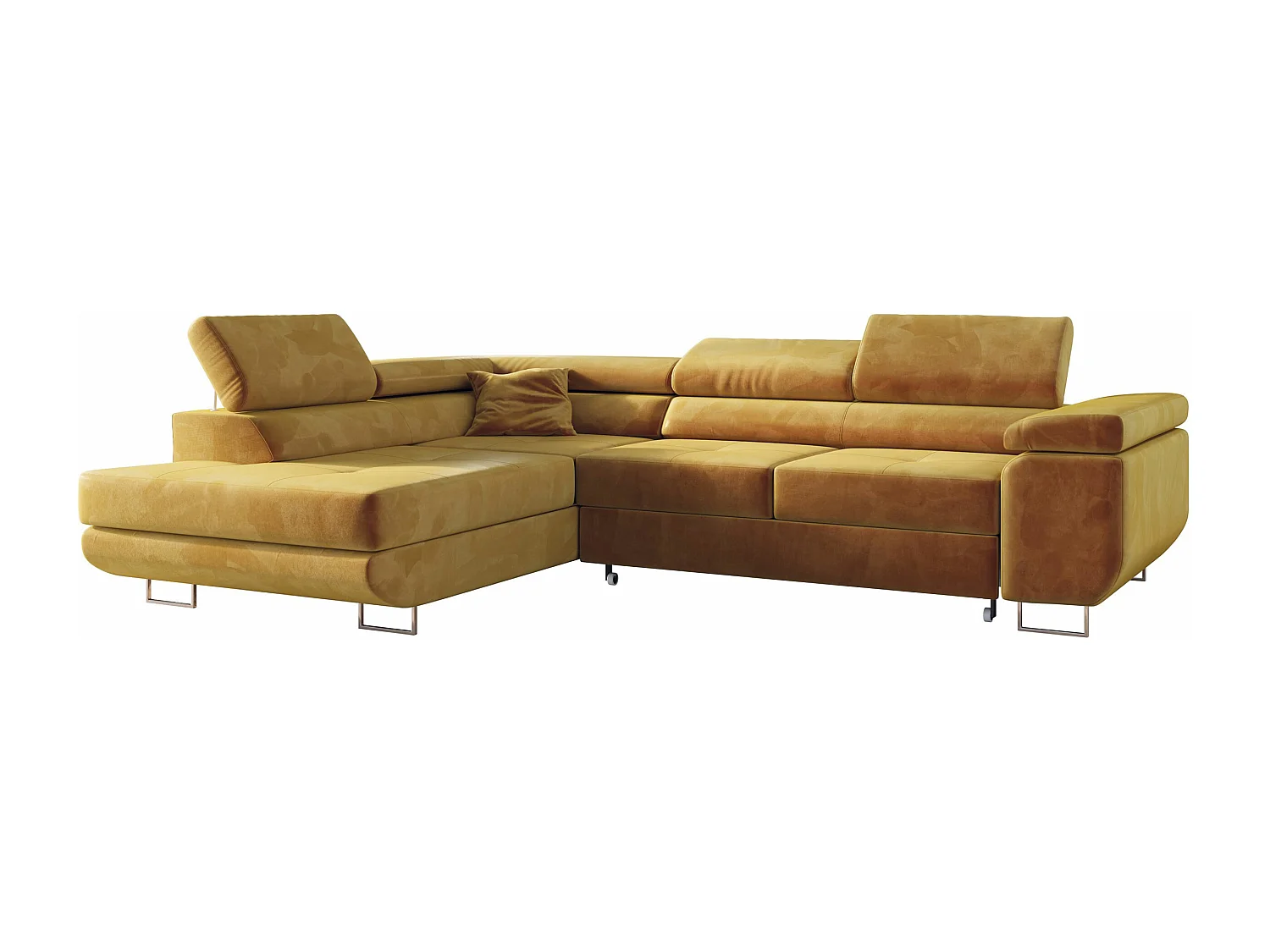 Ecksofa GUSTAW - mit Schlaffunktion, verstellbare Kopfstützen, Metallbeine - Gelb Velvet - Ecke Links