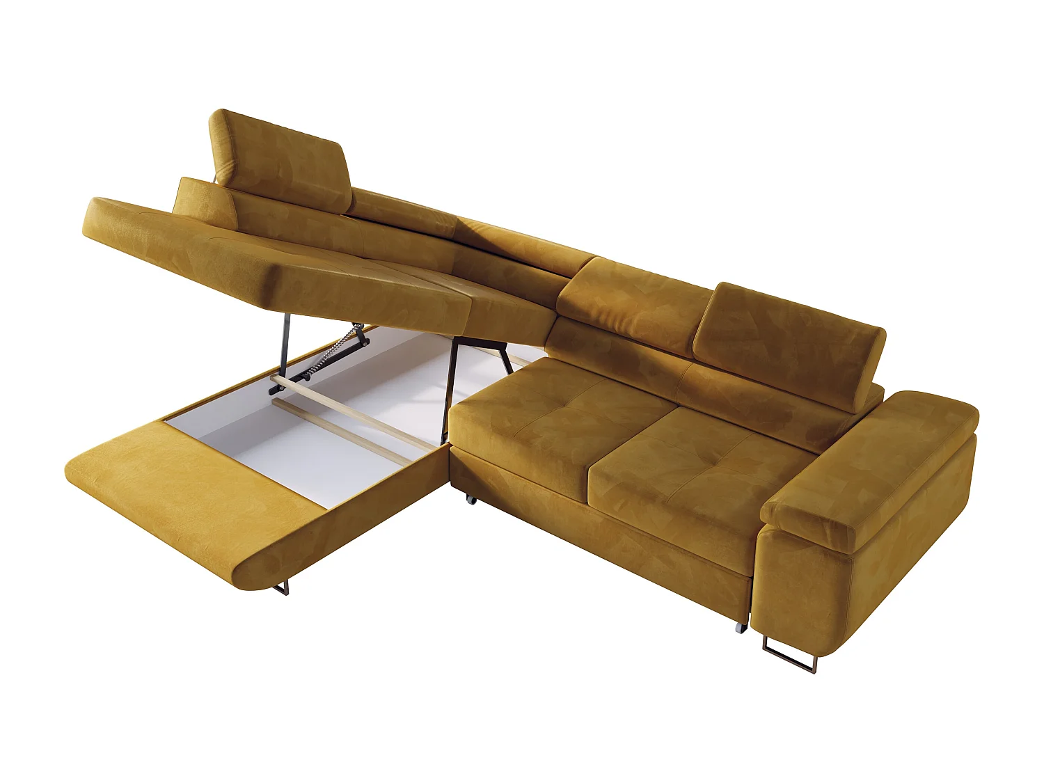 Ecksofa GUSTAW - mit Schlaffunktion, verstellbare Kopfstützen, Metallbeine - Gelb Velvet - Ecke Links