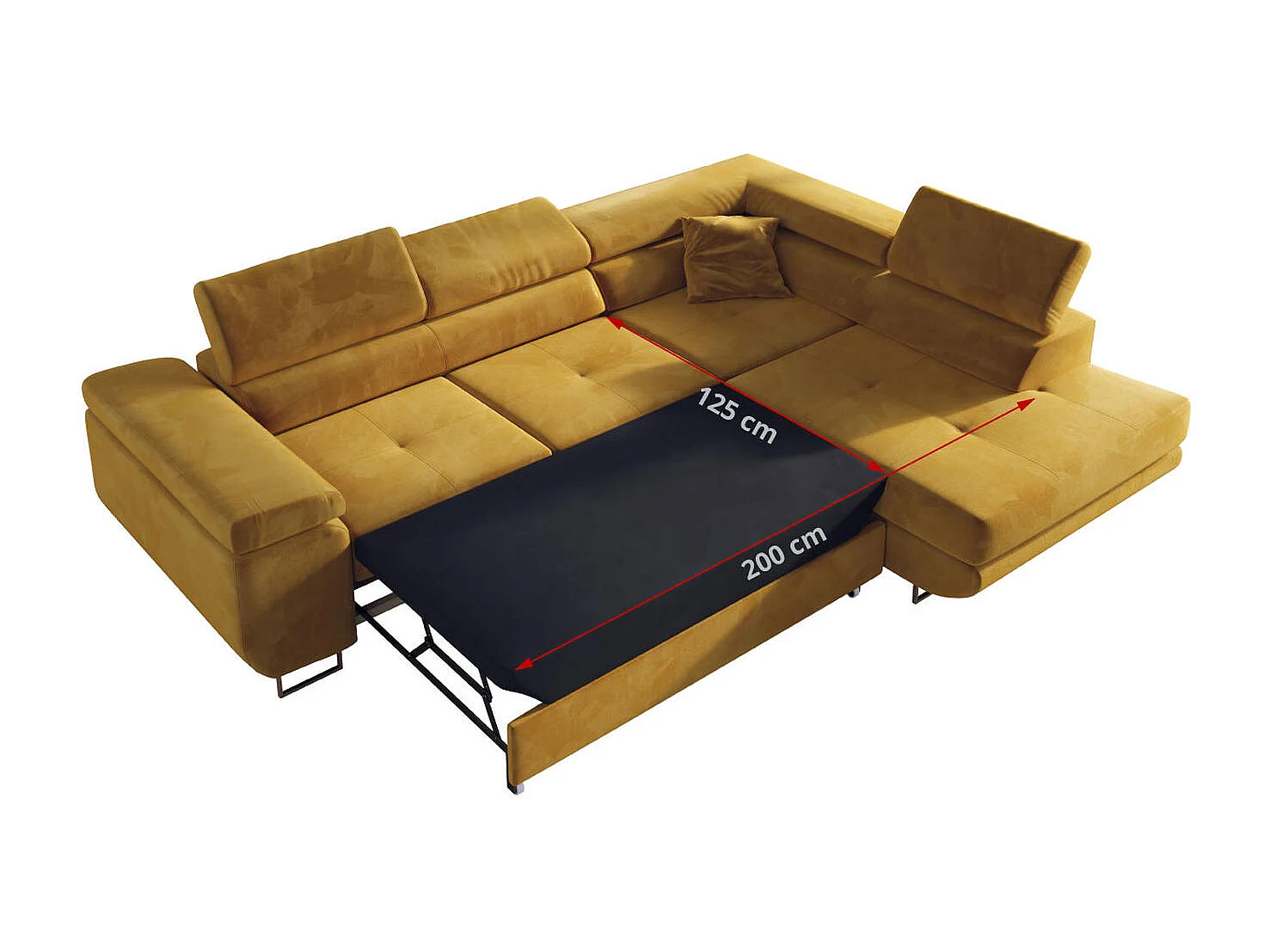 Ecksofa GUSTAW - mit Schlaffunktion, verstellbare Kopfstützen, Metallbeine - Gelb Velvet - Ecke Links