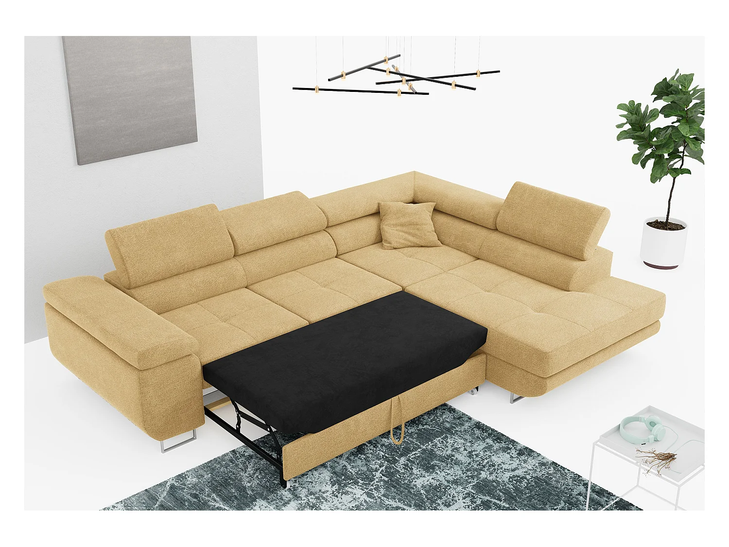 Ecksofa GUSTAW - mit Schlaffunktion, verstellbare Kopfstützen, Metallbeine - Gelb Stukture - Ecke Rechts