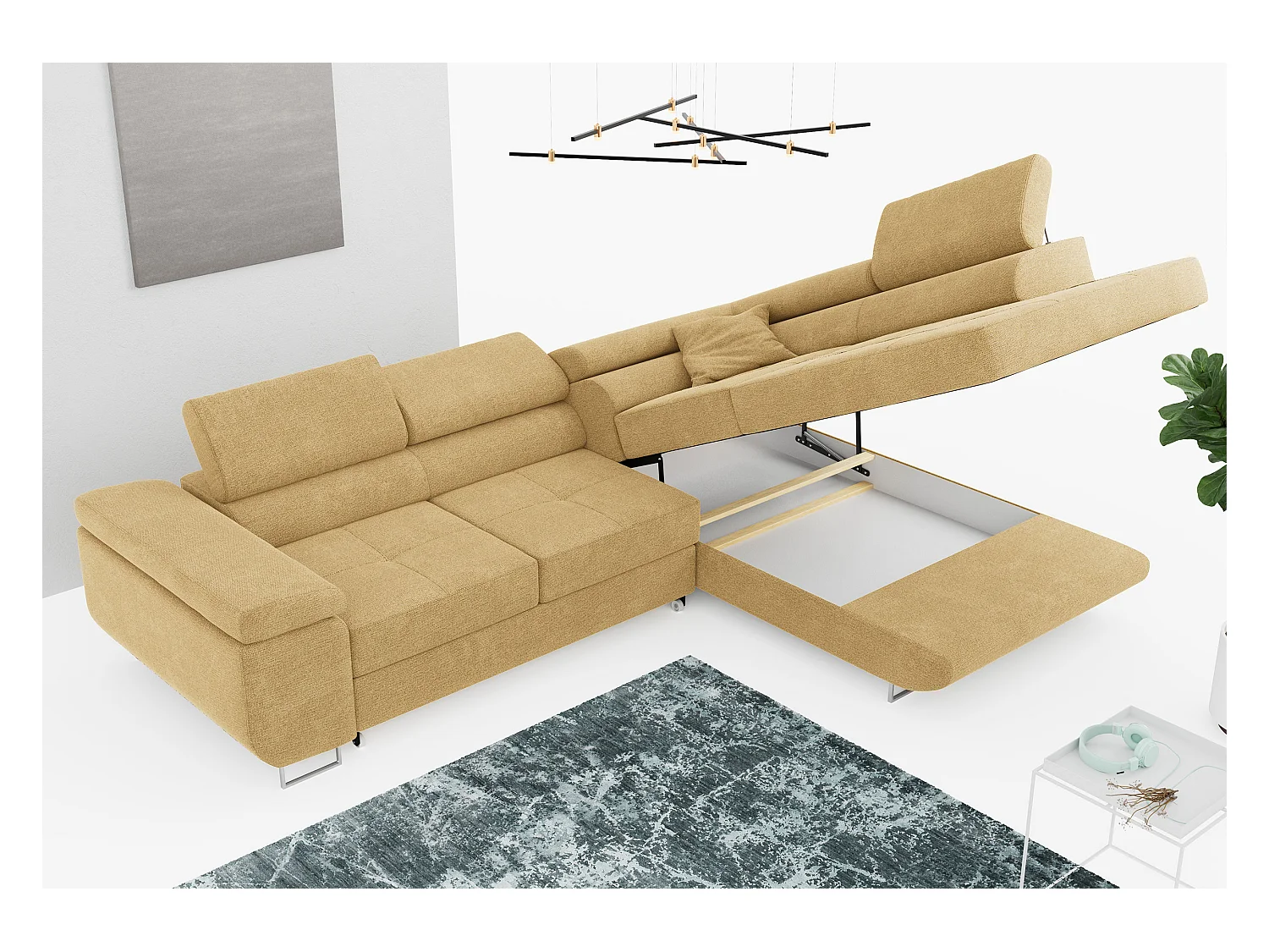 Ecksofa GUSTAW - mit Schlaffunktion, verstellbare Kopfstützen, Metallbeine - Gelb Stukture - Ecke Rechts