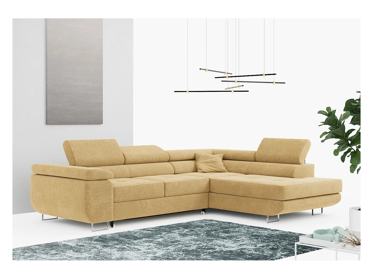 Ecksofa GUSTAW - mit Schlaffunktion, verstellbare Kopfstützen, Metallbeine - Gelb Stukture - Ecke Rechts