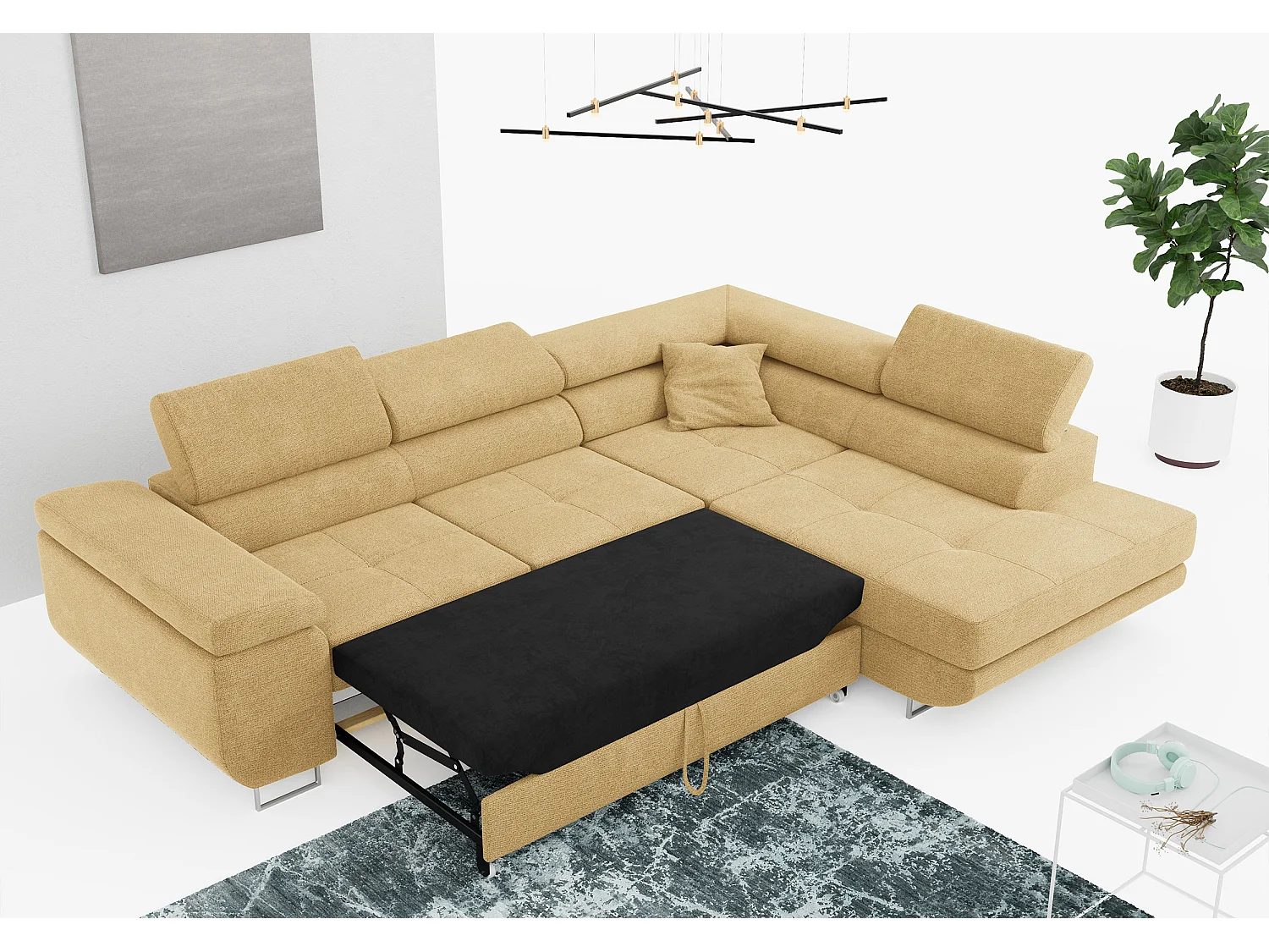 Ecksofa GUSTAW - mit Schlaffunktion, verstellbare Kopfstützen, Metallbeine - Gelb Stukture - Ecke Rechts