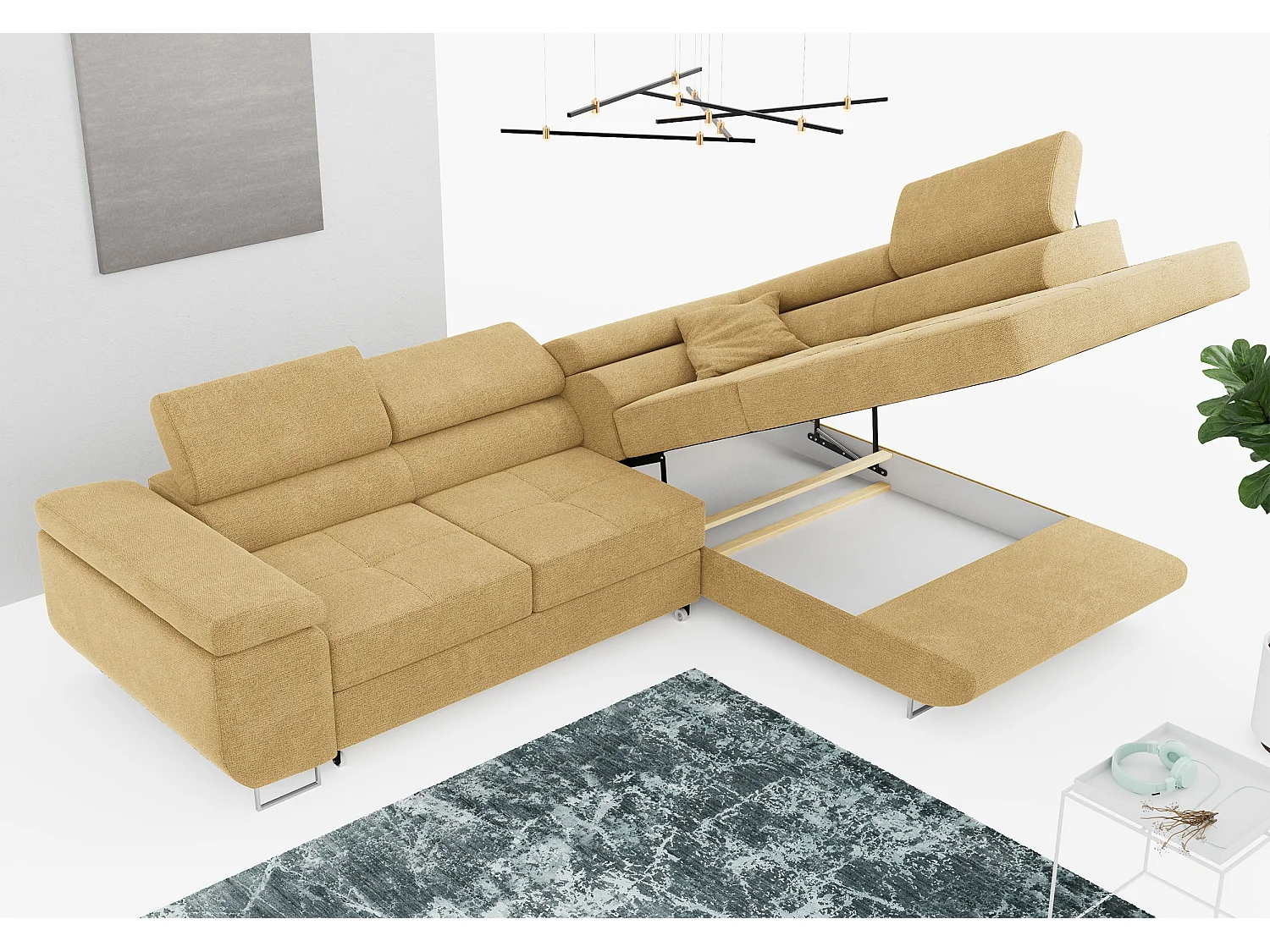 Ecksofa GUSTAW - mit Schlaffunktion, verstellbare Kopfstützen, Metallbeine - Gelb Stukture - Ecke Rechts