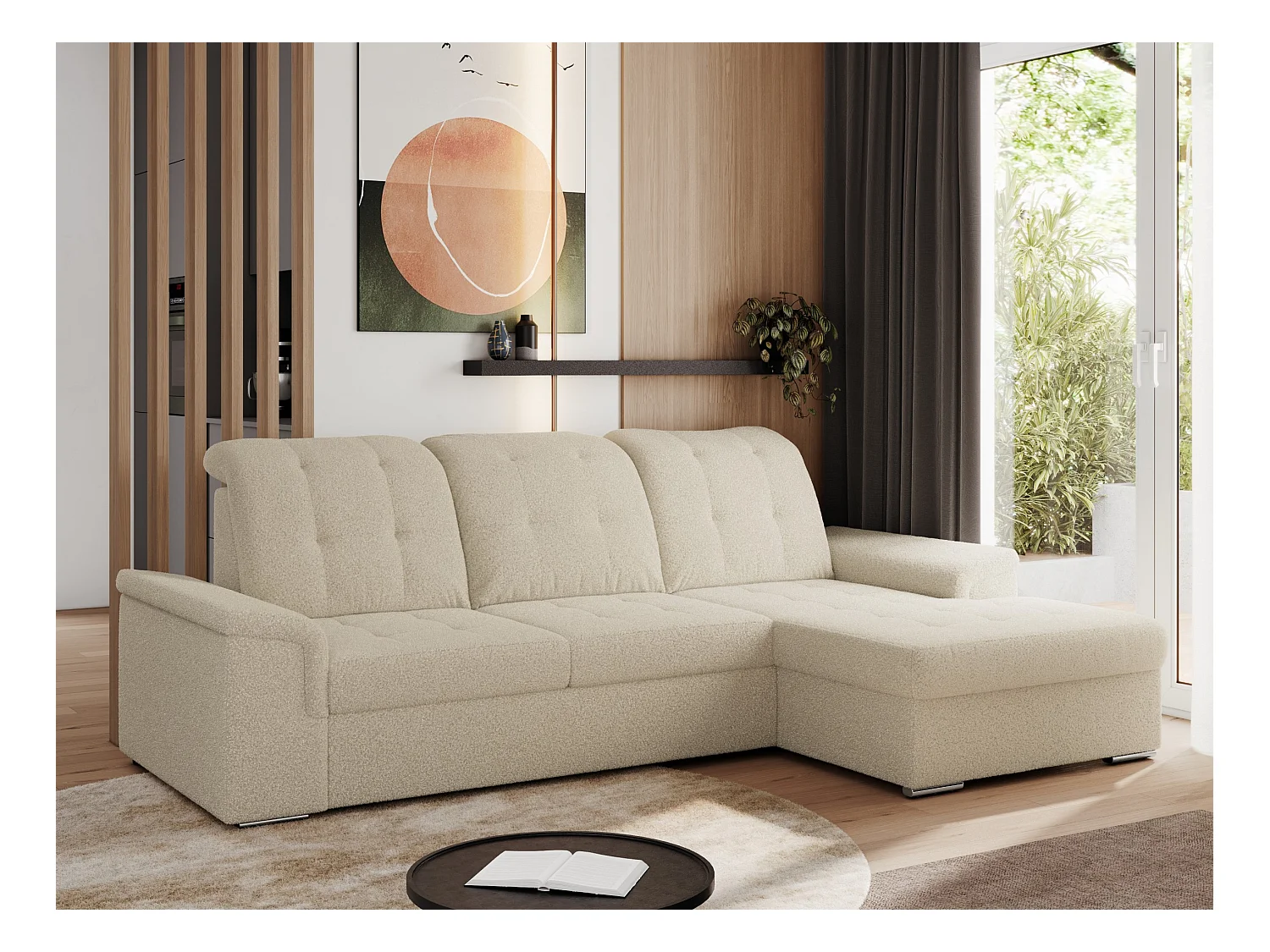 Ecksofa MADRITO - mit verstellbarer Rückenlehne, Armlehnen, gestepptem Sitz und Rückenlehne, Schlaffunktion - Beige Boucle - Ecke Rechts