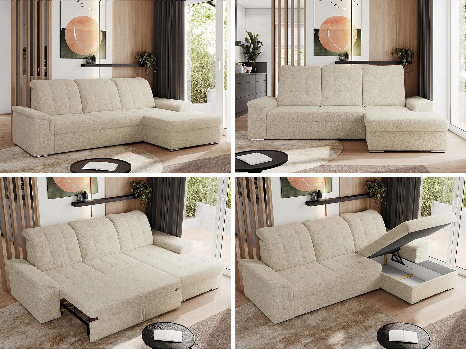 Ecksofa MADRITO - mit verstellbarer Rückenlehne, Armlehnen, gestepptem Sitz und Rückenlehne, Schlaffunktion - Beige Boucle - Ecke Rechts