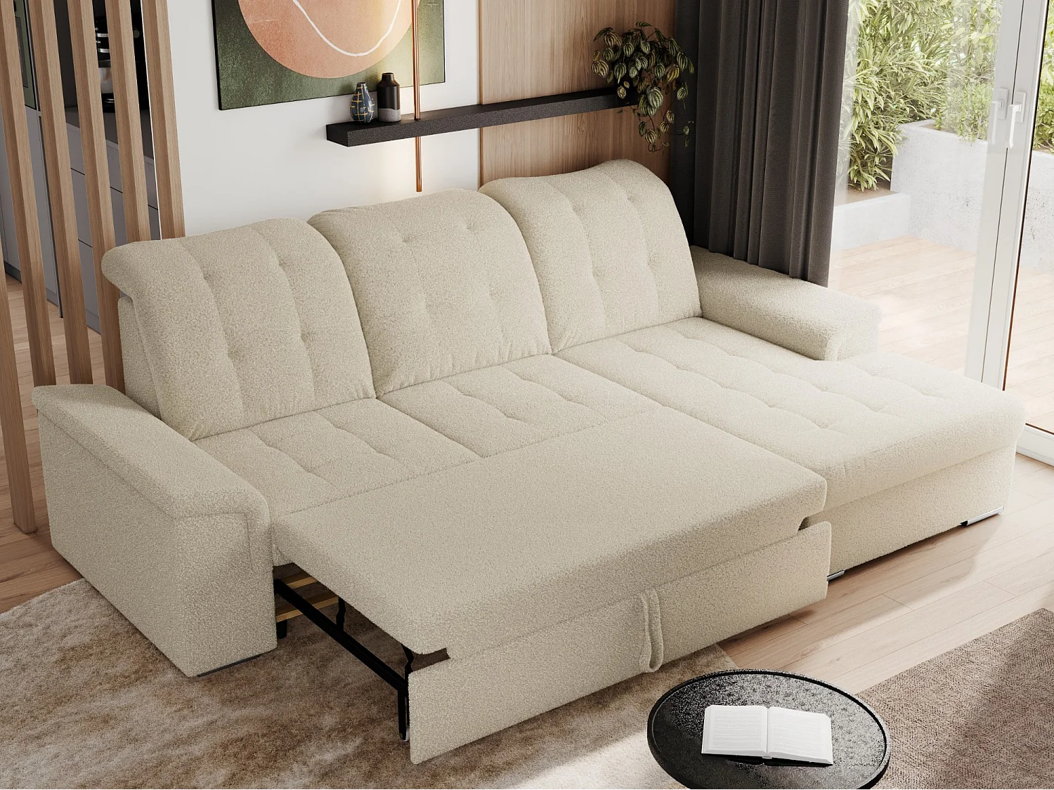 Ecksofa MADRITO - mit verstellbarer Rückenlehne, Armlehnen, gestepptem Sitz und Rückenlehne, Schlaffunktion - Beige Boucle - Ecke Rechts