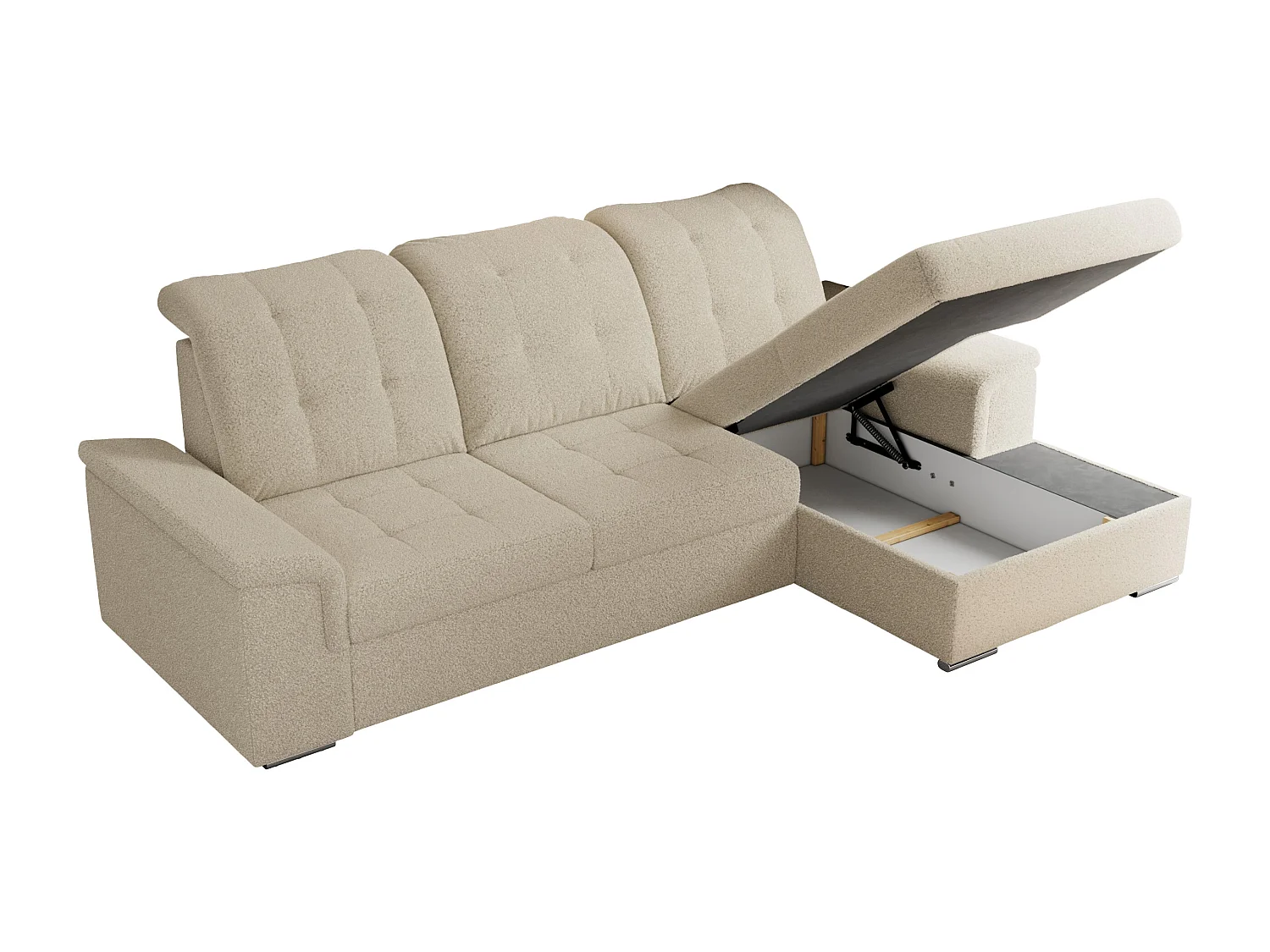 Ecksofa MADRITO - mit verstellbarer Rückenlehne, Armlehnen, gestepptem Sitz und Rückenlehne, Schlaffunktion - Beige Boucle - Ecke Rechts