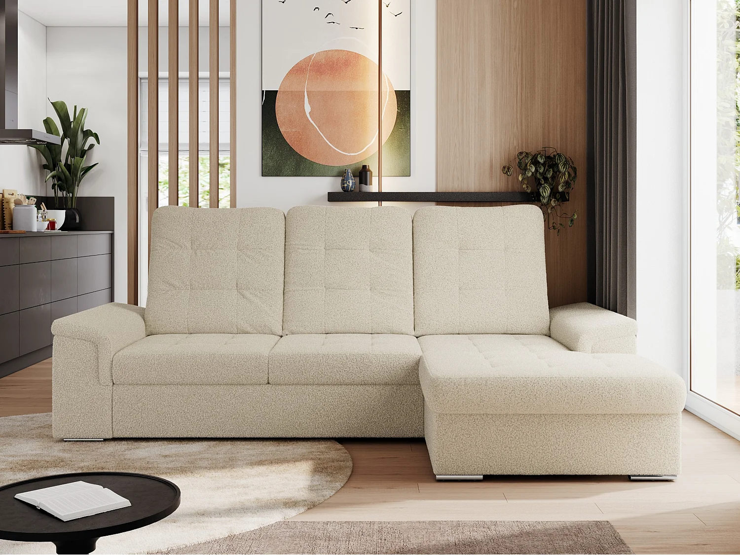 Ecksofa MADRITO - mit verstellbarer Rückenlehne, Armlehnen, gestepptem Sitz und Rückenlehne, Schlaffunktion - Beige Boucle - Ecke Rechts