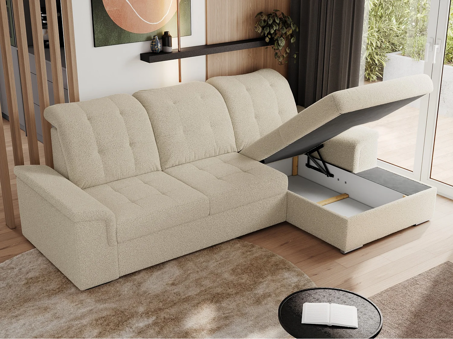 Ecksofa MADRITO - mit verstellbarer Rückenlehne, Armlehnen, gestepptem Sitz und Rückenlehne, Schlaffunktion - Beige Boucle - Ecke Rechts