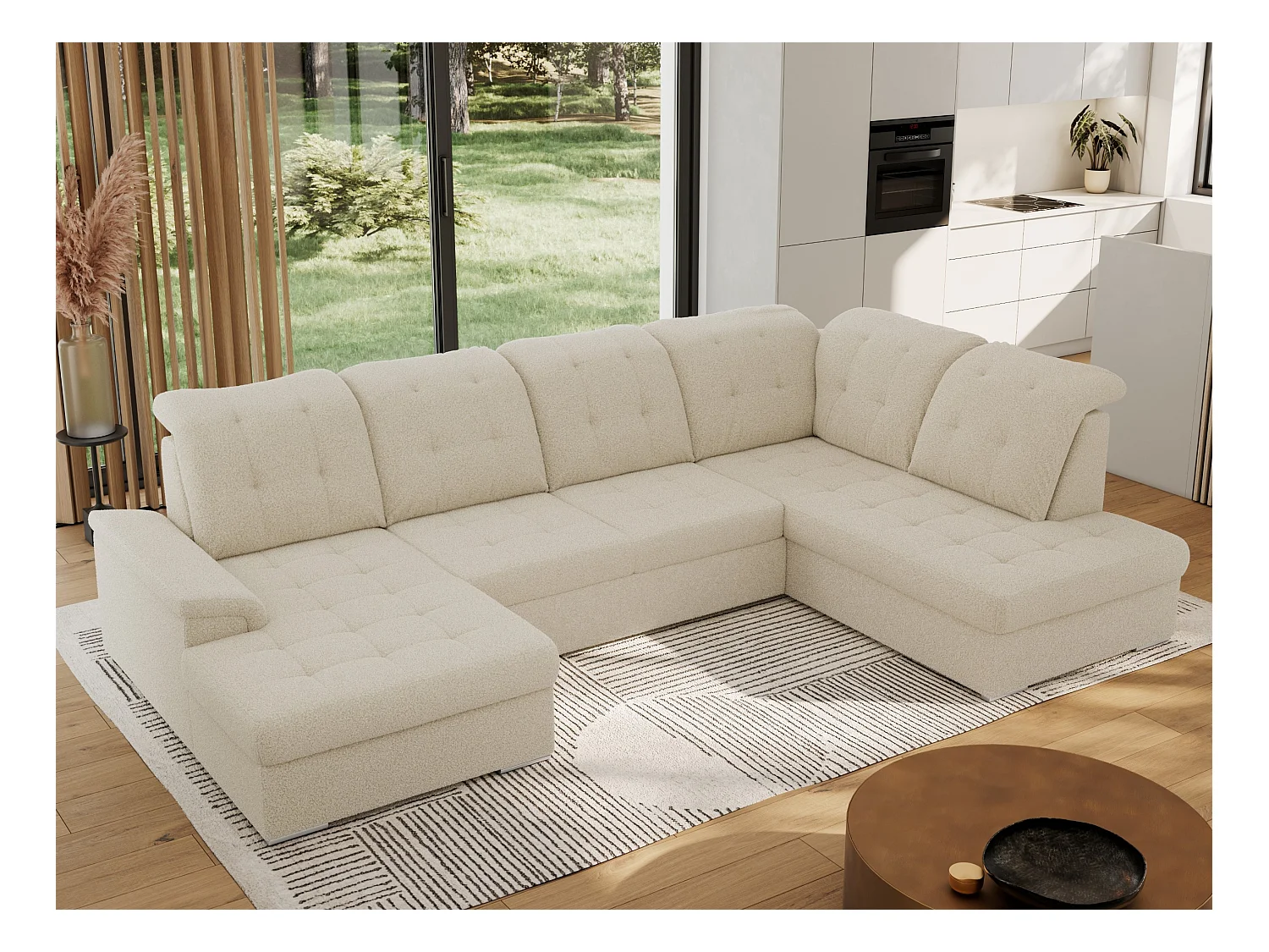 Ecksofa MADRITO U - mit verstellbarer Rückenlehne, Armlehne, L-förmige Ecke, Bettkasten - Beige Boucle - Ecke Rechts