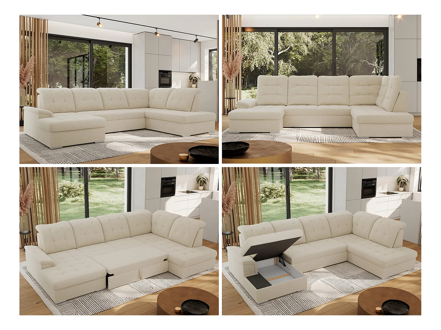 Ecksofa MADRITO U - mit verstellbarer Rückenlehne, Armlehne, L-förmige Ecke, Bettkasten - Beige Boucle - Ecke Rechts