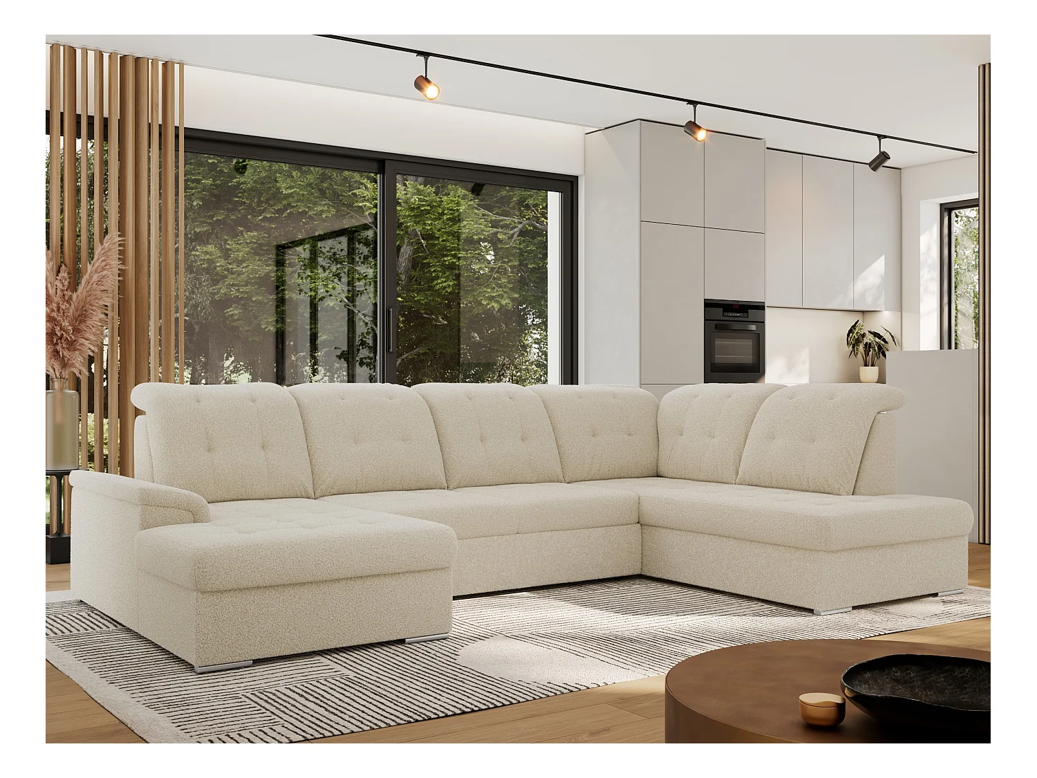 Ecksofa MADRITO U - mit verstellbarer Rückenlehne, Armlehne, L-förmige Ecke, Bettkasten - Beige Boucle - Ecke Rechts